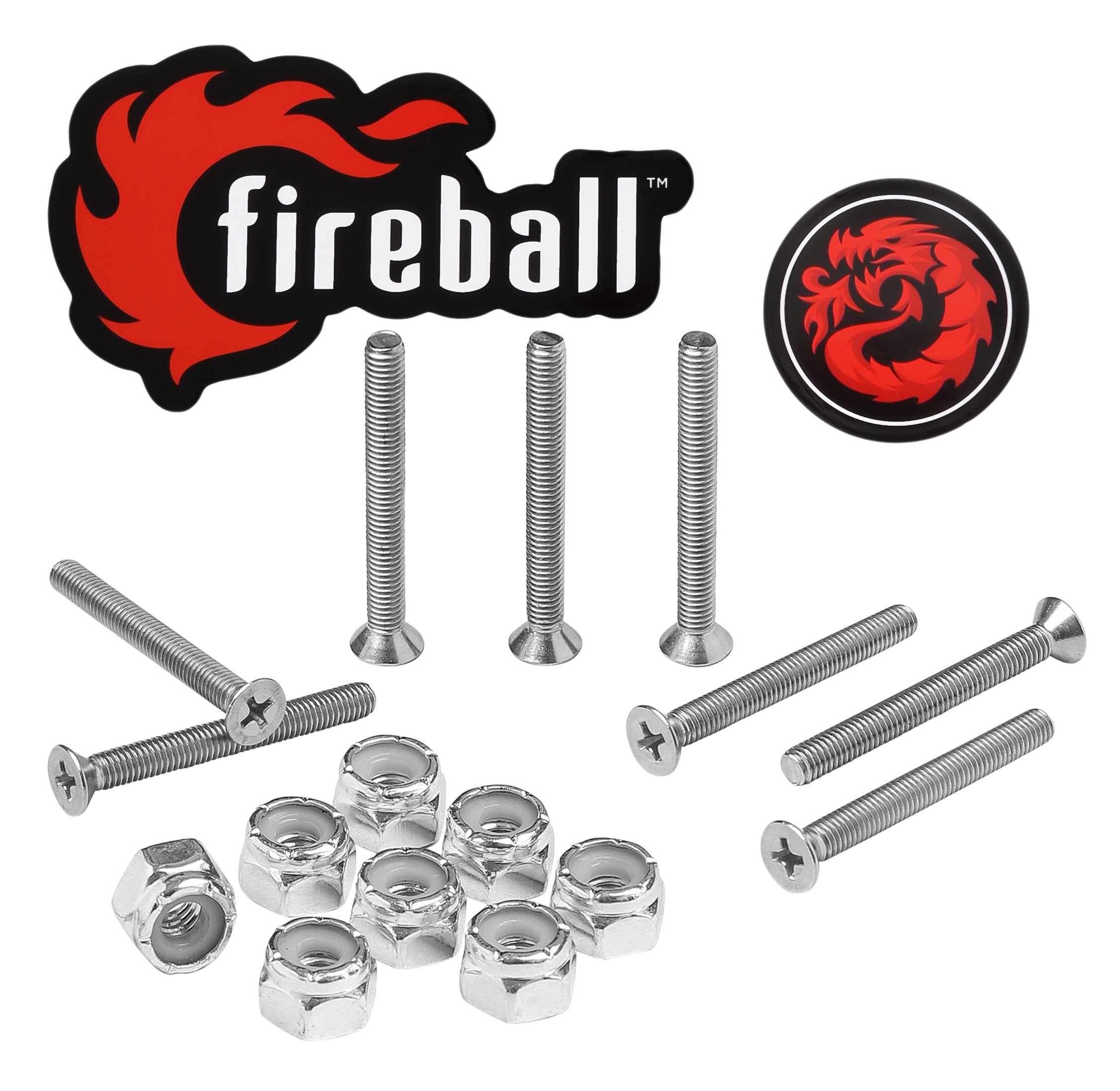 Fireball Dragon Skateboard Hardware Kit - 8 Ultra Strong Stainless Steel Mounting Screws & Nuts Set for Longboard, Cruiser & Skateboard - Durable Skateboard Bolts for Smooth Riding & Tricks at Park, Street or Campus