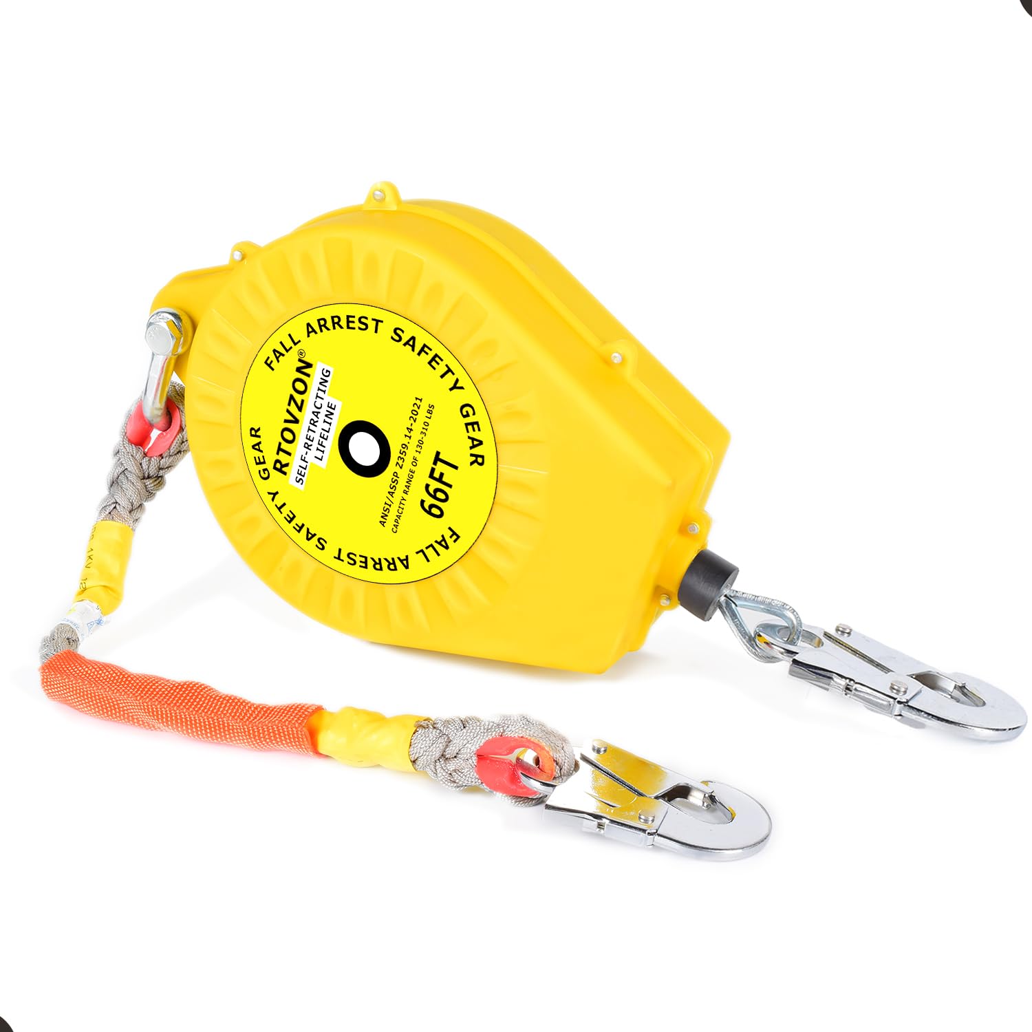66FT RTOVZON Self-Retracting Lifeline with Dual Alloy Steel Hooks | Heavy Duty Fall Protection Safety Lanyard | OSHA-Compliant Retractable Steel Wire Rope for Roofing & Construction Work | Ideal for Roofers, Window Cleaners & Industrial Workers