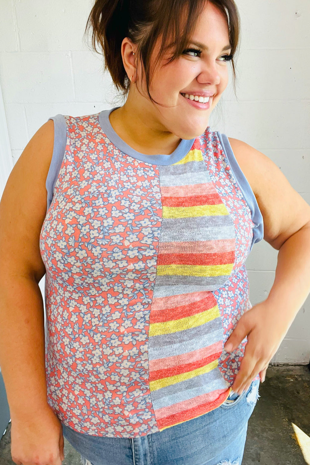 Coral & Denim Stripe Floral Print Tank Top for Women - Summer Beach Vacation Outfit, Casual Streetwear Fashion