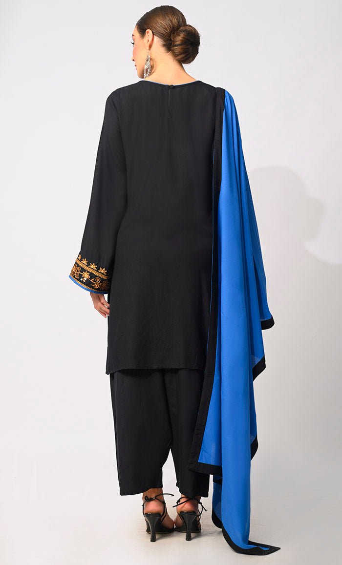 Modern Tradition: Machine Embroidered 3 Piece Black Salwar Kameez with Classic Handwork - Elegant Pakistani Outfit for Weddings, Parties & Festive Occasions