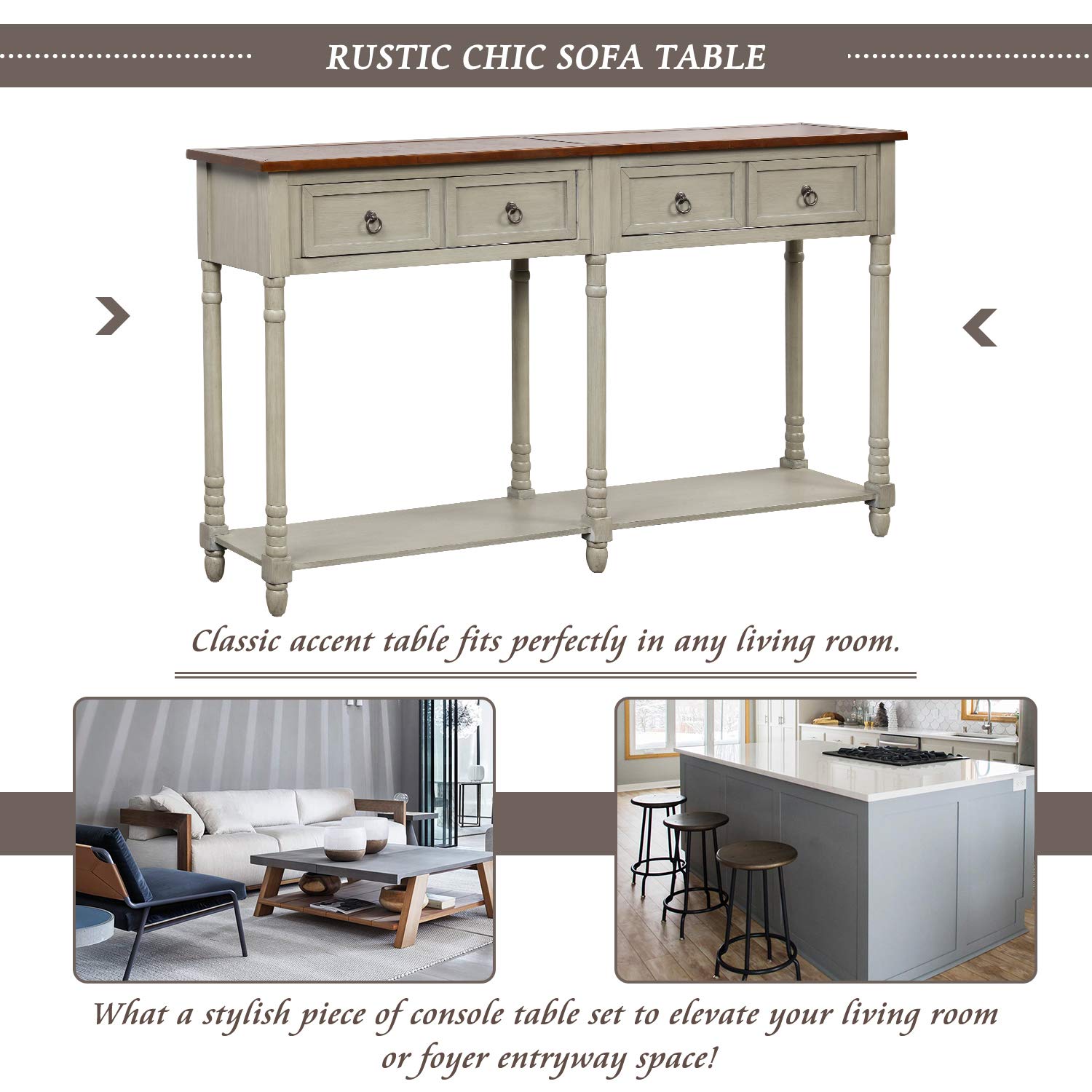Solid Wood Console Sofa Table with 2 Large Storage Drawers, Rustic Entryway Table with Open Shelf - Modern TV Stand for Living Room, Bedroom & Entryway (Gray, Large) - Perfect for Small Space Organization & Home Decor