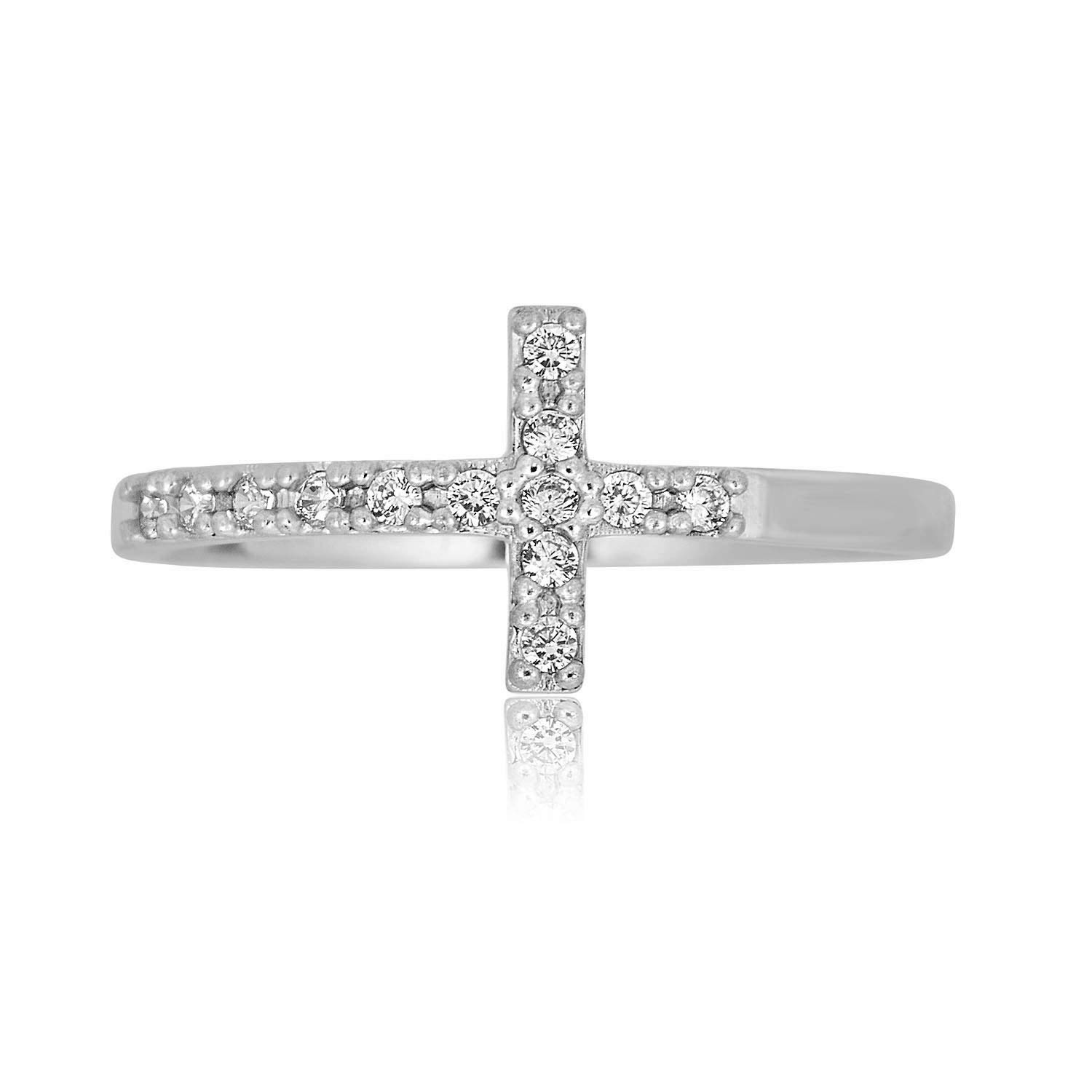 AVORA 10K Yellow Gold Simulated Diamond CZ Sideways Cross Ring for Women - Elegant Religious Jewelry Gift for Christmas, Baptism & Special Occasions