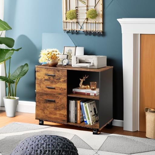 DEVAISE 3-Drawer Mobile File Cabinet - Wooden Lateral Filing Cabinet with Open Shelves, Printer Stand for Home Office - Rustic Brown Storage Organizer for Documents, Supplies & Office Essentials | Perfect for Small Spaces, Home Offices & Workspaces