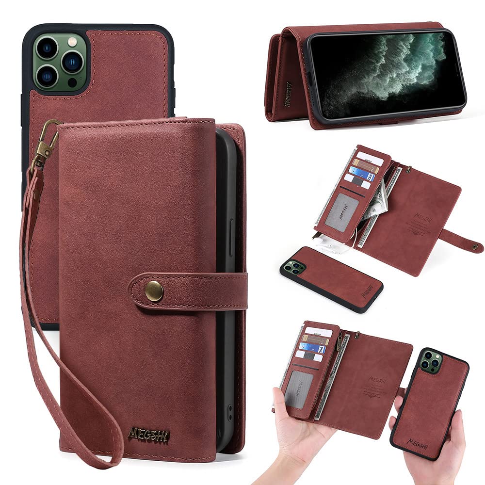 Premium 2-in-1 iPhone 11 Pro Max Wallet Case - Magnetic Flip Cover with Zip Pocket, PU Leather Protection & Wrist Strap (Brown) | Perfect for Travel, Work & Everyday Use