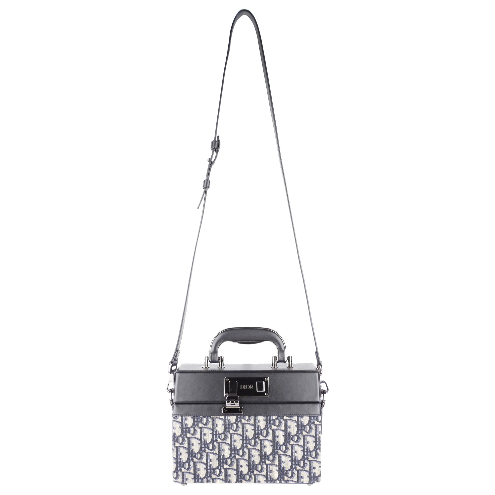 Christian Dior Oblique Monogram Black Leather Two-Way Hard Case Lock Handle Bag - Luxury Travel & Everyday Elegance