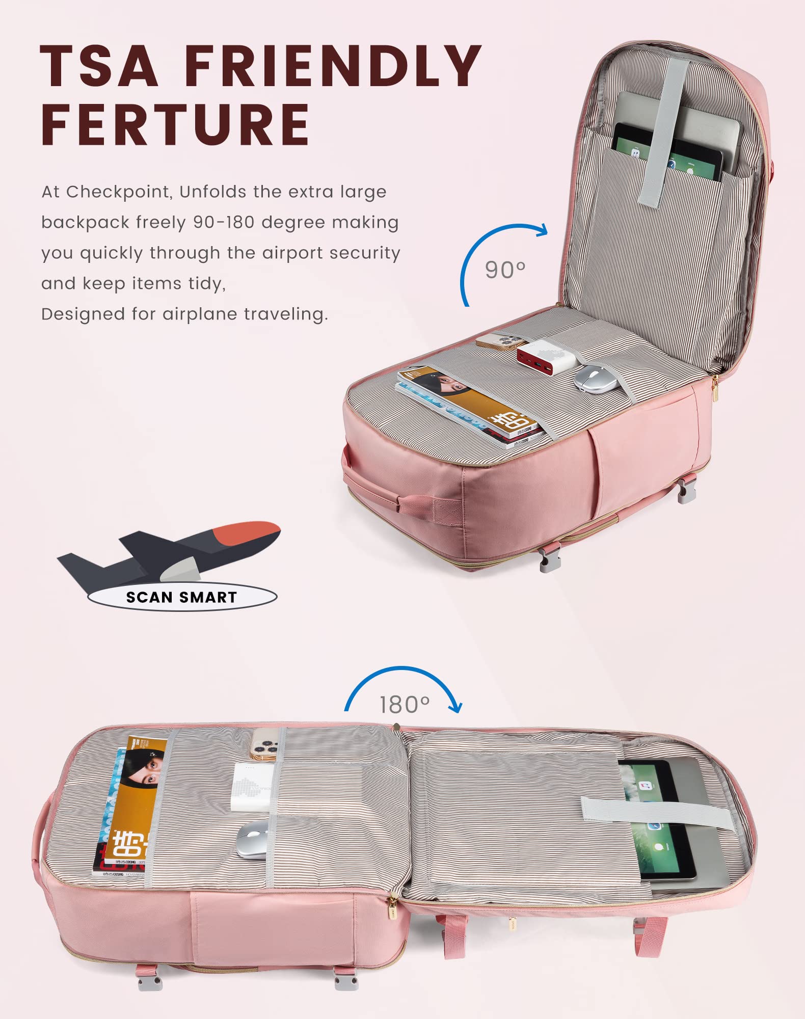 LOVEVOOK 17 Inch Waterproof Travel Backpack for Women - Flight Approved Carry On Backpack with Toiletry Bag, Large Laptop Backpack for Business, Weekender Overnight Bag - Perfect for Air Travel, Commuting & Weekend Getaways (Pink)