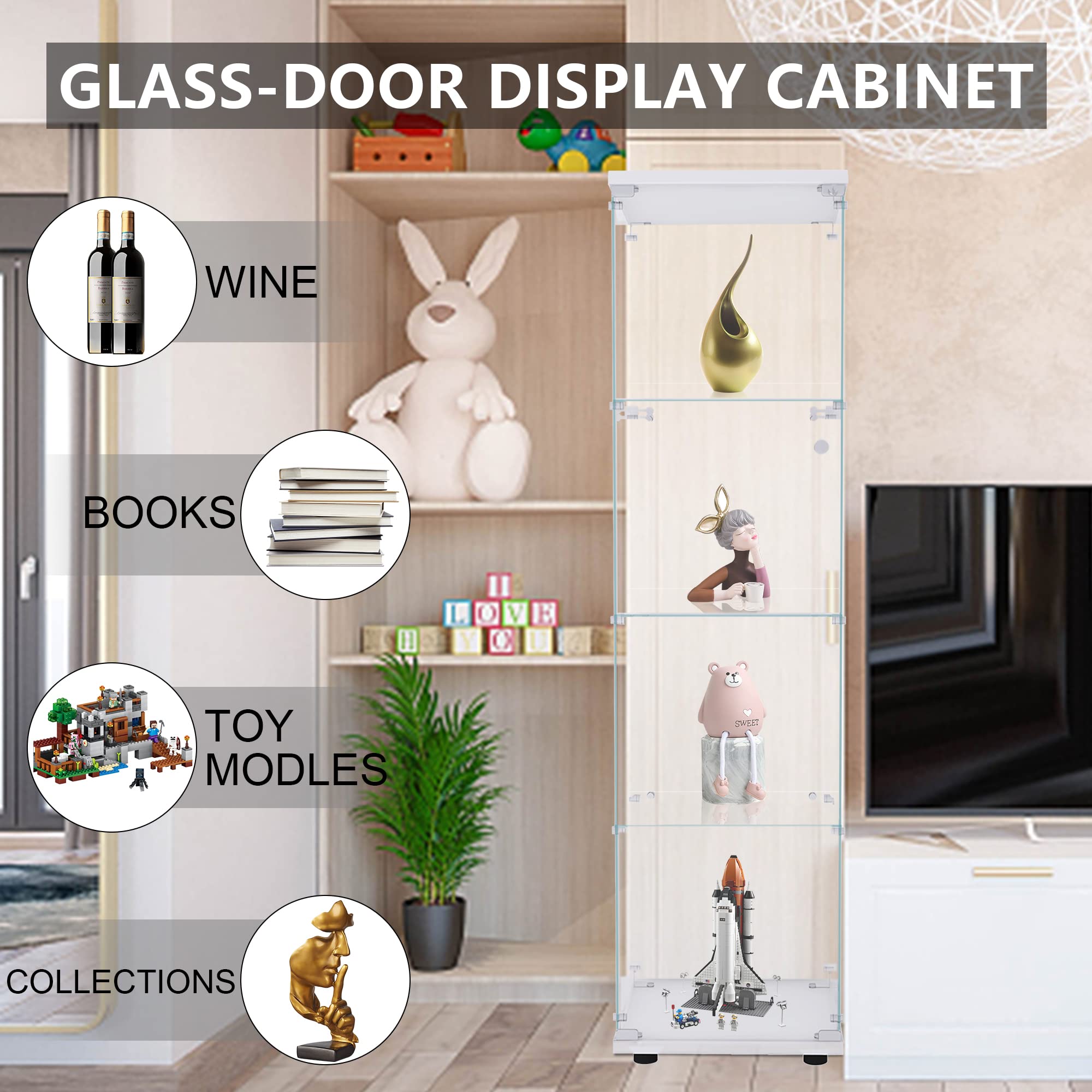 Yoluckea 4-Shelf Glass Display Cabinet with Door - White Floor Standing Curio Cabinet for Home, Office, Bookshelf & Corner Display - Easy Assembly for Collectibles & Decor