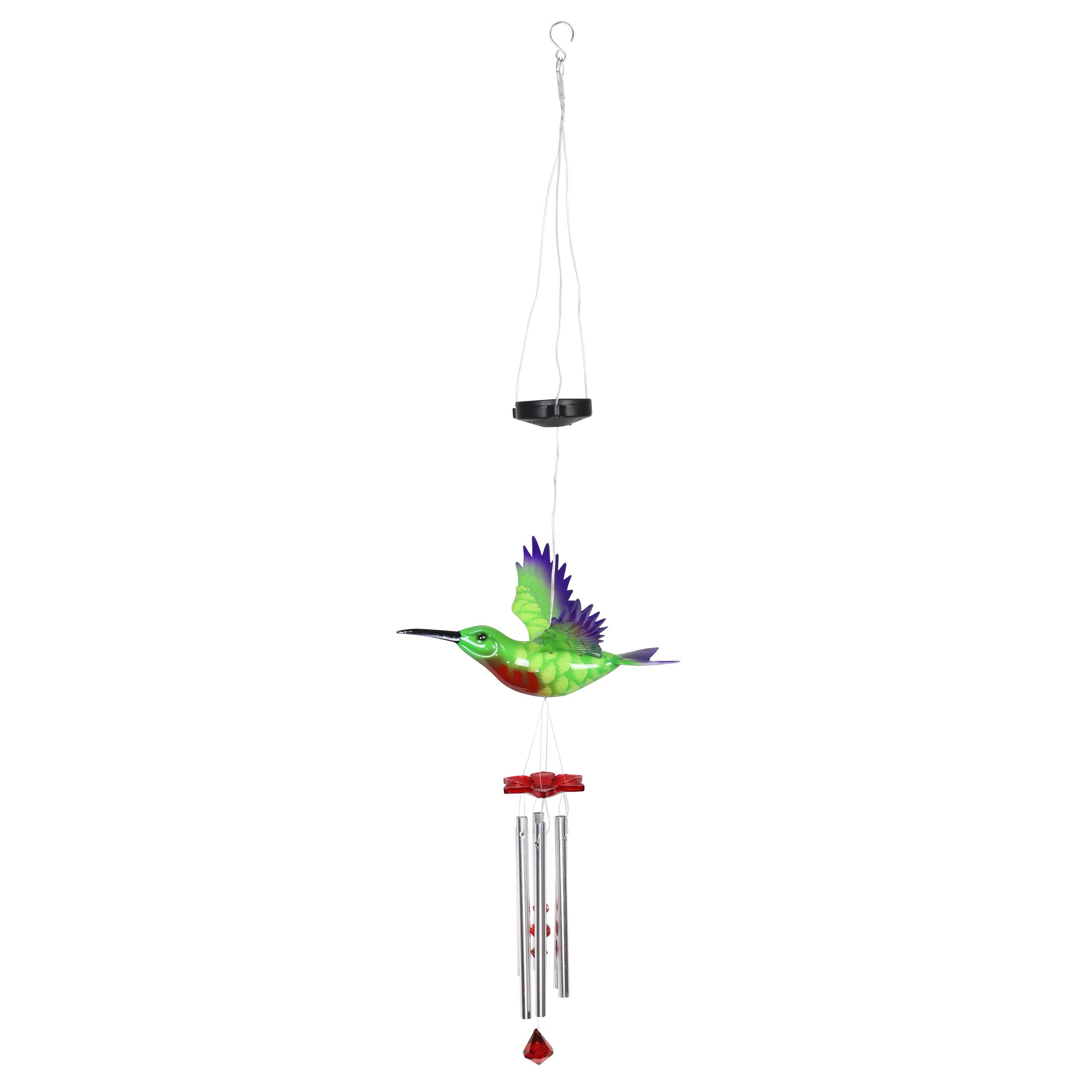 Solar-Powered Hummingbird Wind Chime with Fluttering Wings & 2 LED Lights - 13 x 11 x 43 Inch Outdoor Garden Decor for Patio, Yard, and Lawn - Exhart WindyWings Green Plastic Wind Chimes for Relaxing Ambience