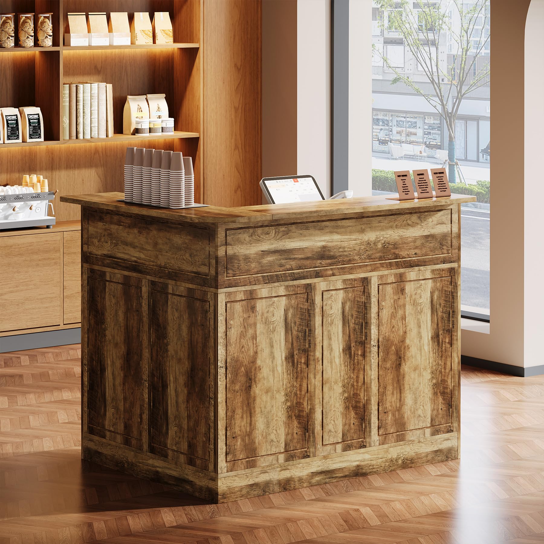 Tribesigns L-Shaped Reception Desk with Storage Shelves - Modern Office Front Counter for Small Business, Salon, Hotel & Retail Checkout (Brown) - Perfect for Space-Saving Workstations & Professional Client Greetings