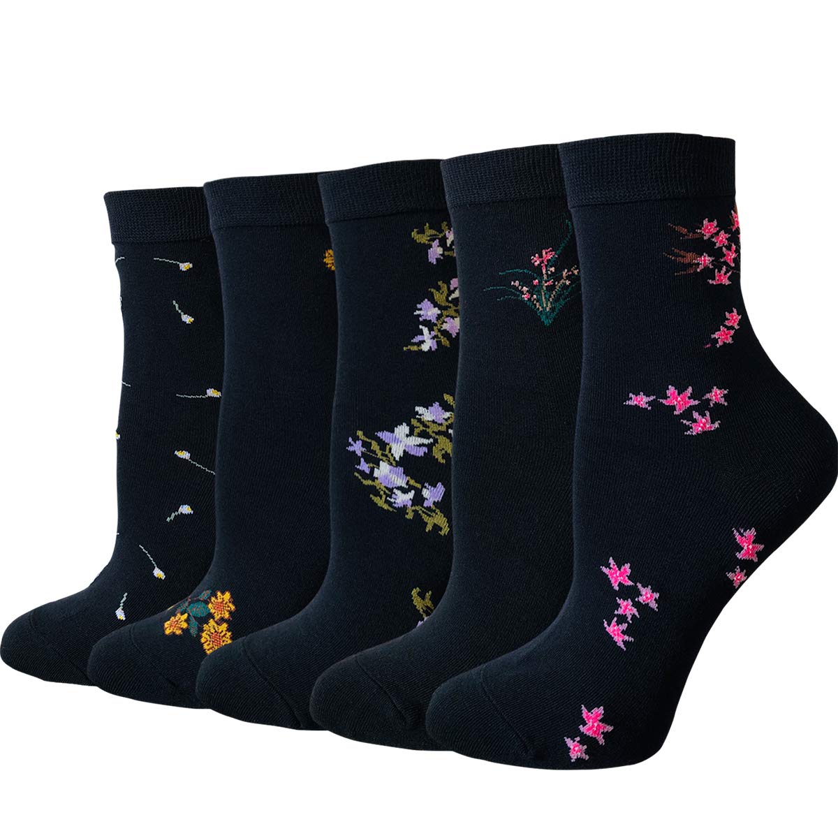5 Pairs Women's Black Floral Vintage Crew Socks - Soft Cotton Casual Ankle Socks for Everyday Wear, Office & Home Comfort
