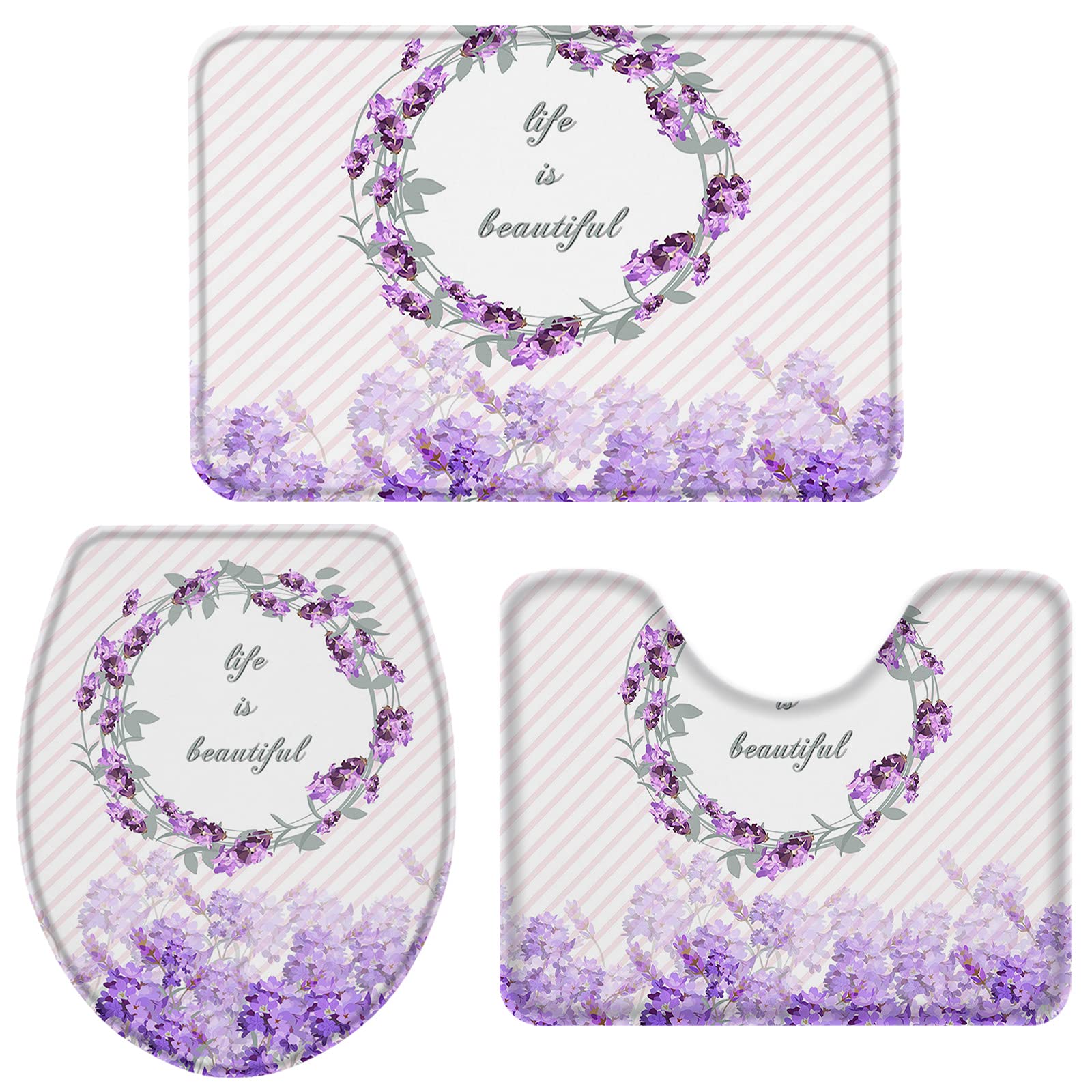 3-Piece Bathroom Rug Set - Absorbent Diagonal Stripes Non-Slip Bath Mats with U-Shaped Contour Toilet Mat & Lid Cover, Soft Lavender Purple Wreath Design for Bathroom Decor, Perfect for Master Bath, Guest Bath & Apartment Use