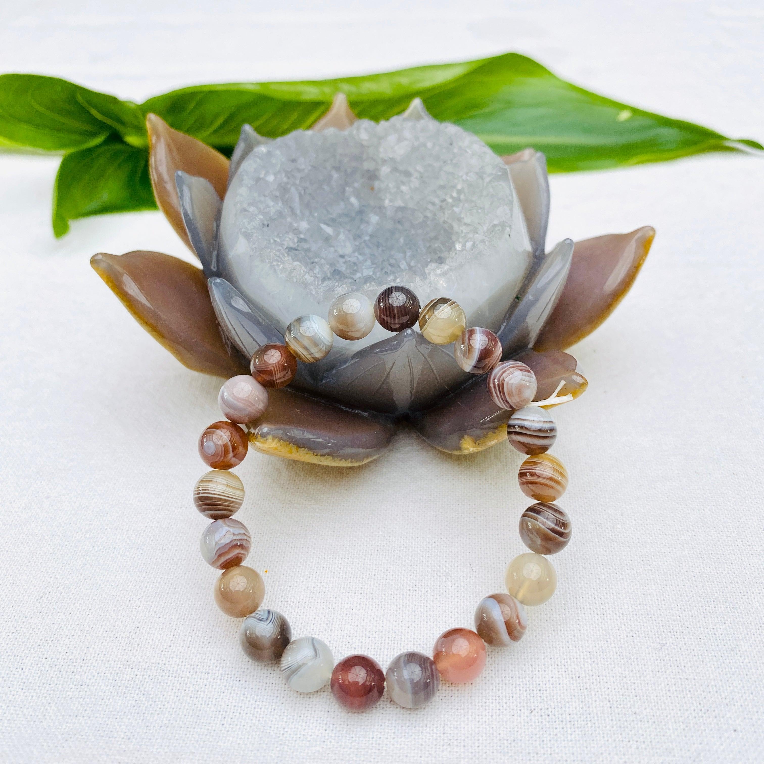 Natural Botswana Agate Beaded Bracelet for Women - Healing Stone Jewelry for Stress Relief & Positive Energy - Perfect for Meditation, Yoga & Everyday Wear