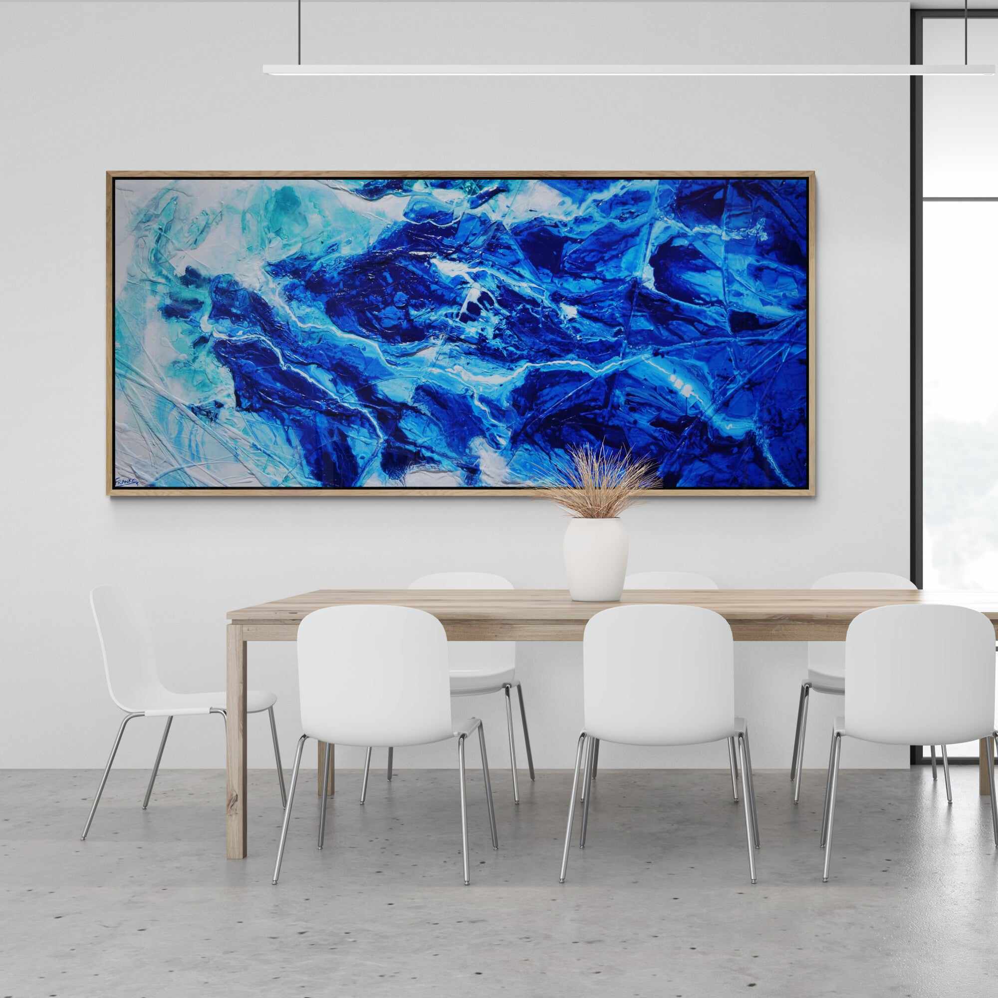 Fractured Sapphire Blue and White Textured Abstract Painting - 270cm x 120cm Large Wall Art for Living Room, Bedroom, or Office Decor