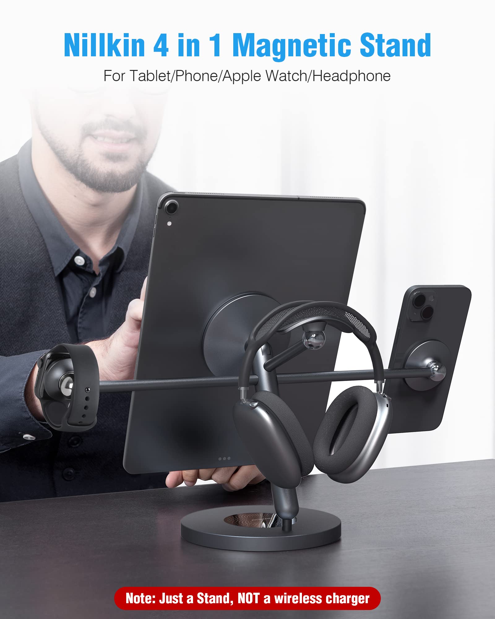 Nillkin 4-in-1 Magnetic Tablet Stand with MagSafe Ring - 360° Rotating Aluminum Phone Stand for iPhone, iPad, Apple Watch & AirPods (5-13 Inch) - Perfect for Desk, Office, Home & Travel Use