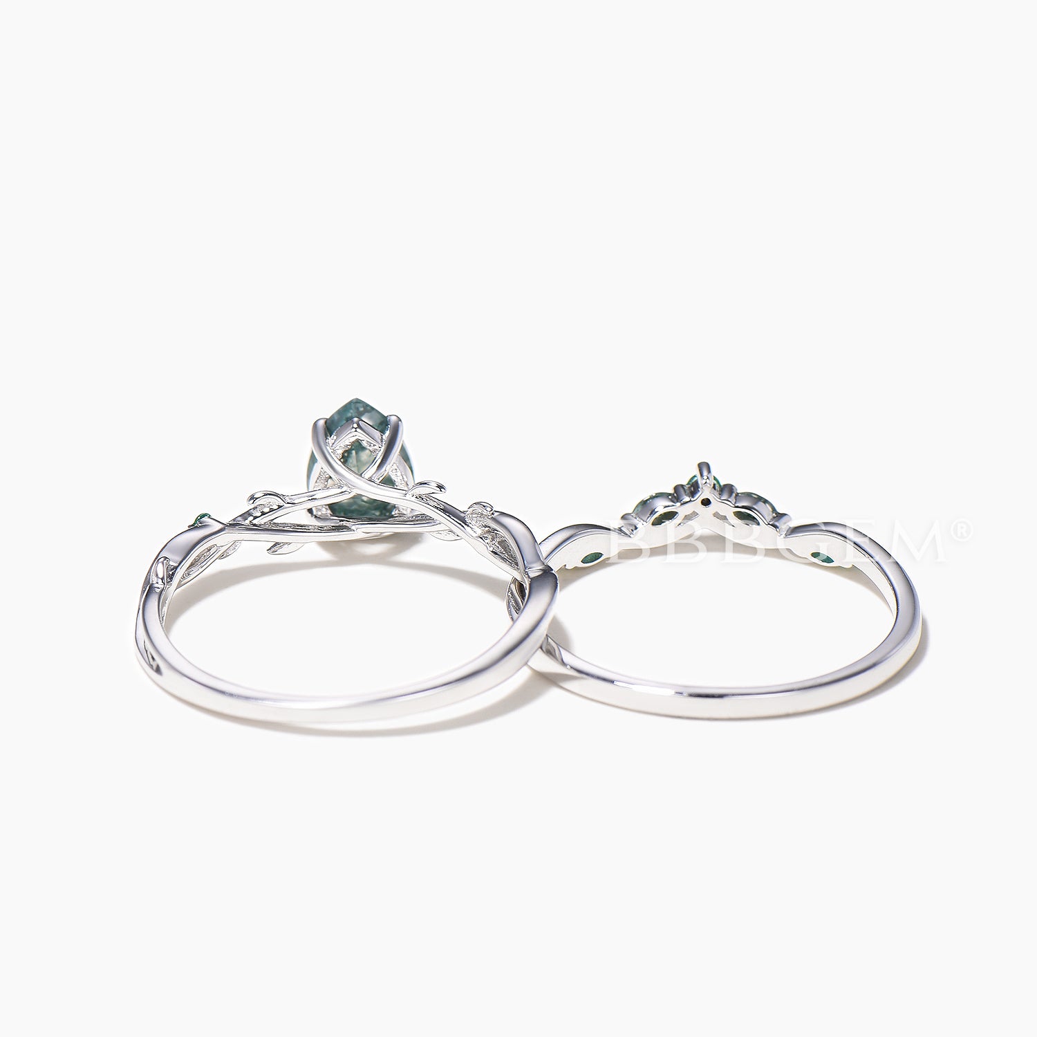 Nature Inspired Twisted Vine Moss Agate & Emerald Bridal Ring Set | Wedding, Engagement, Anniversary Jewelry Gift for Her