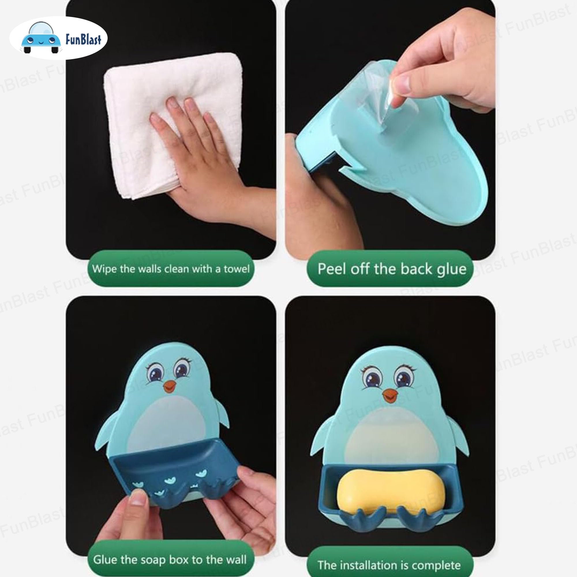 FunBlast Penguin Soap Case Set of 2 - Wall Mounted Soap Holder for Bathroom & Kitchen Sink, Waterproof Magic Stickers Soap Dish Organizer (Blue & Pink) - Perfect for Kids' Bathrooms, RV Showers, and Dorm Sinks