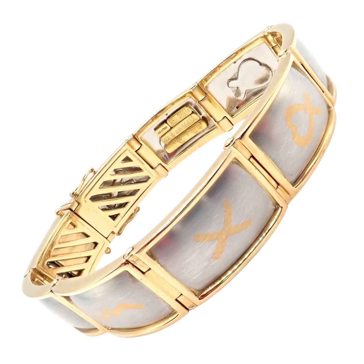 Authentic Tiffany & Co 18k Yellow Gold & Platinum Picasso Signature 9 Panel Bracelet - Luxury Vintage Jewelry for Women - Perfect for Gifts, Weddings & Special Occasions