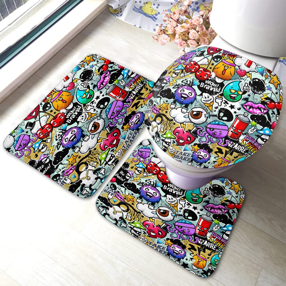 WONDERTIFY Non-Slip Bathroom Rug Set - 3-Piece Graffiti Design with Bizarre Elements (Bath Mat, Contour Mat, Toilet Lid Cover) - Perfect for Modern Bathrooms, Kids' Rooms & Unique Home Decor