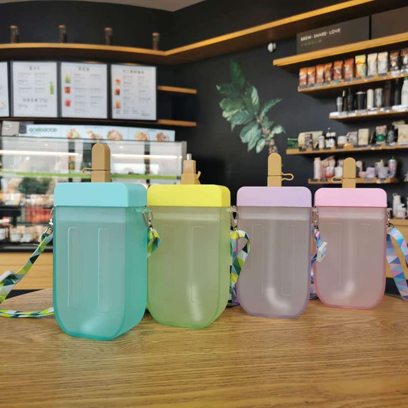 Kawaii Popsicle Water Bottle 300ml - Cute Juice Cup with Strap for Outdoor & School (Purple)