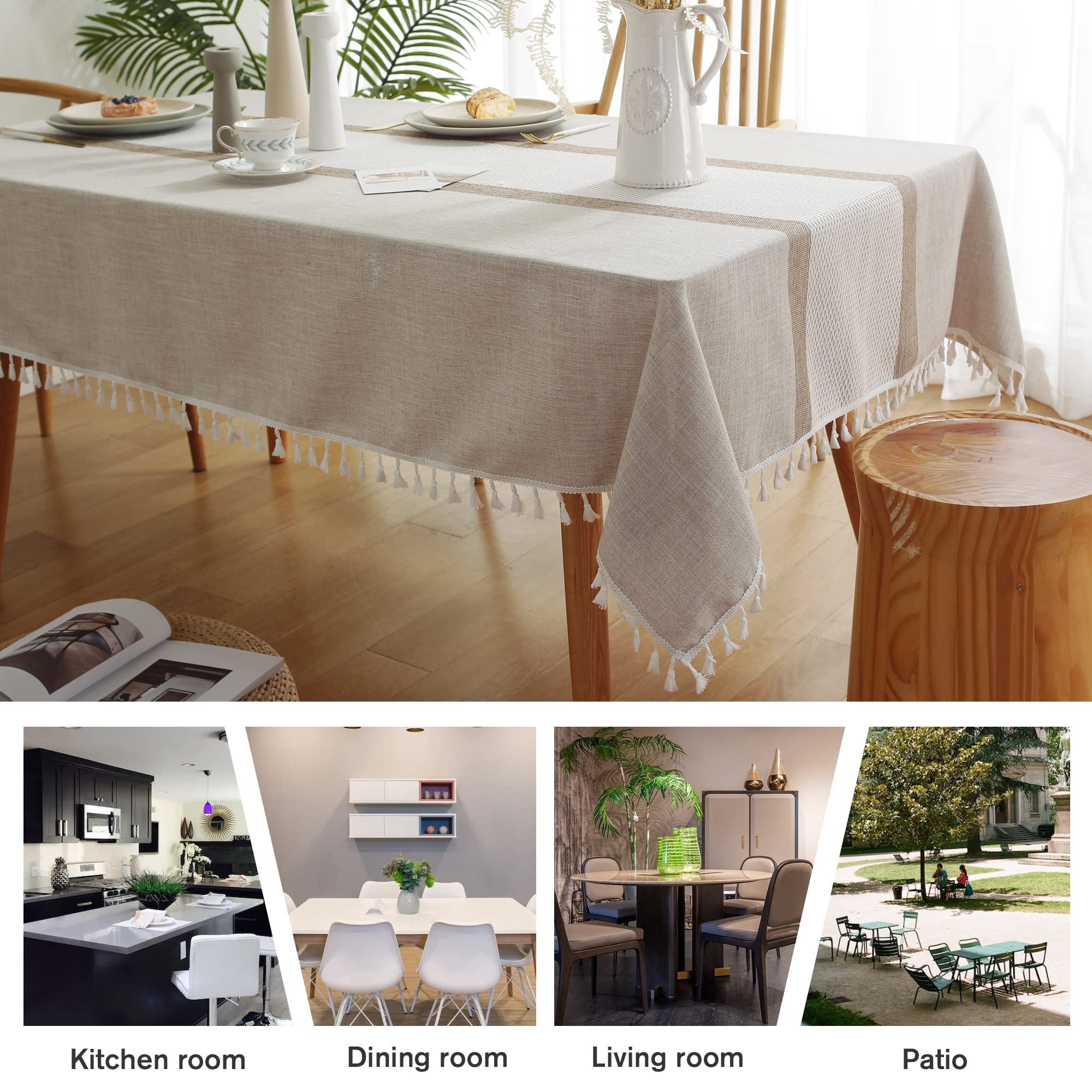 Embroidered Tassel Tablecloth for Dining Table - Double Stripe Coffee Design, 55 x 71 Inch Rectangle/Oblong Table Cover for 4-6 Seats | Perfect for Fall, Christmas, Parties & Everyday Dining Decor