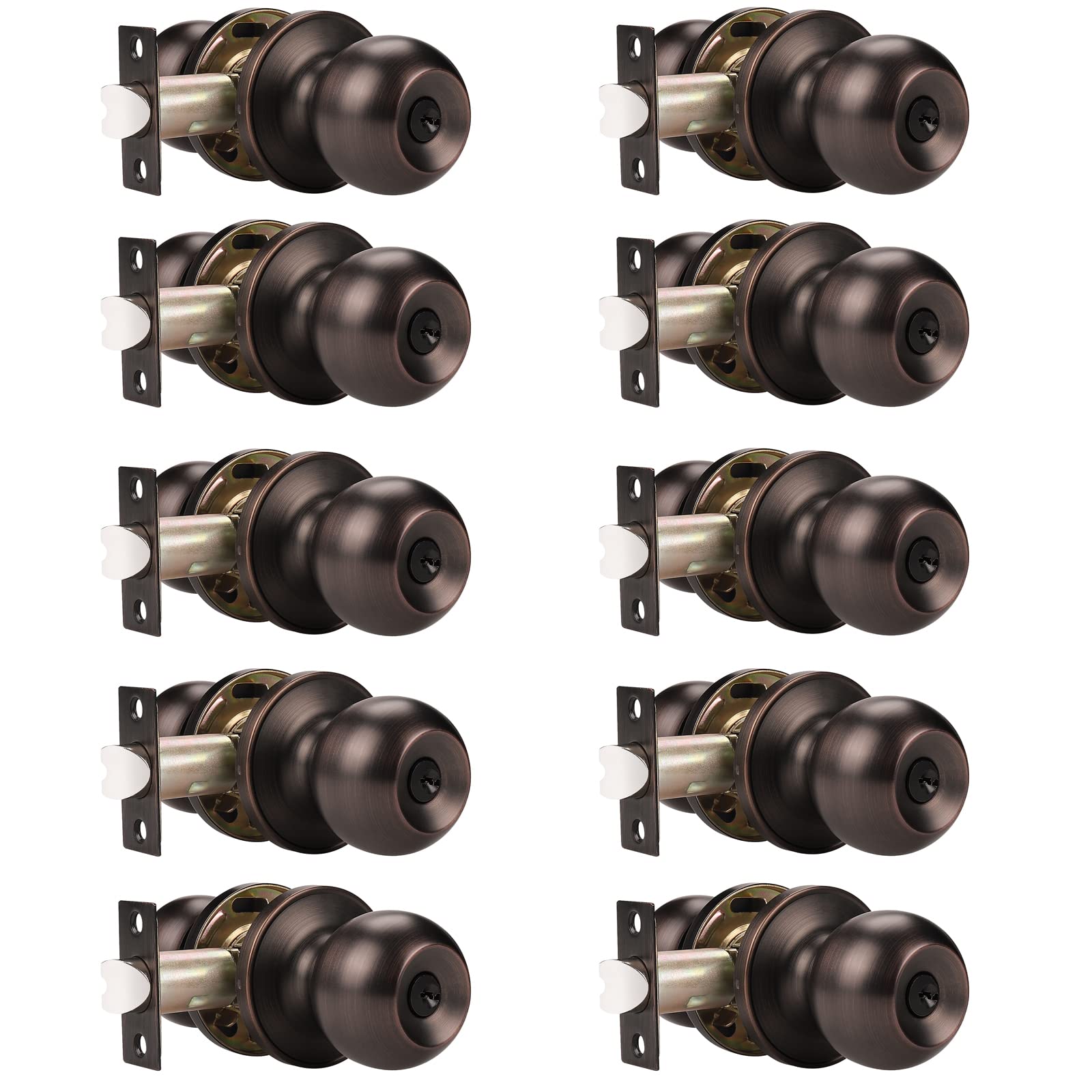 10 Pack Knobelite Keyed Alike Entry Door Knob Set - Oil Rubbed Bronze Door Lock Handle with 3 Combo Keys - Secure Ball Door Knobs for Office, Front Door & Home Entrance (Interior/Exterior Use)
