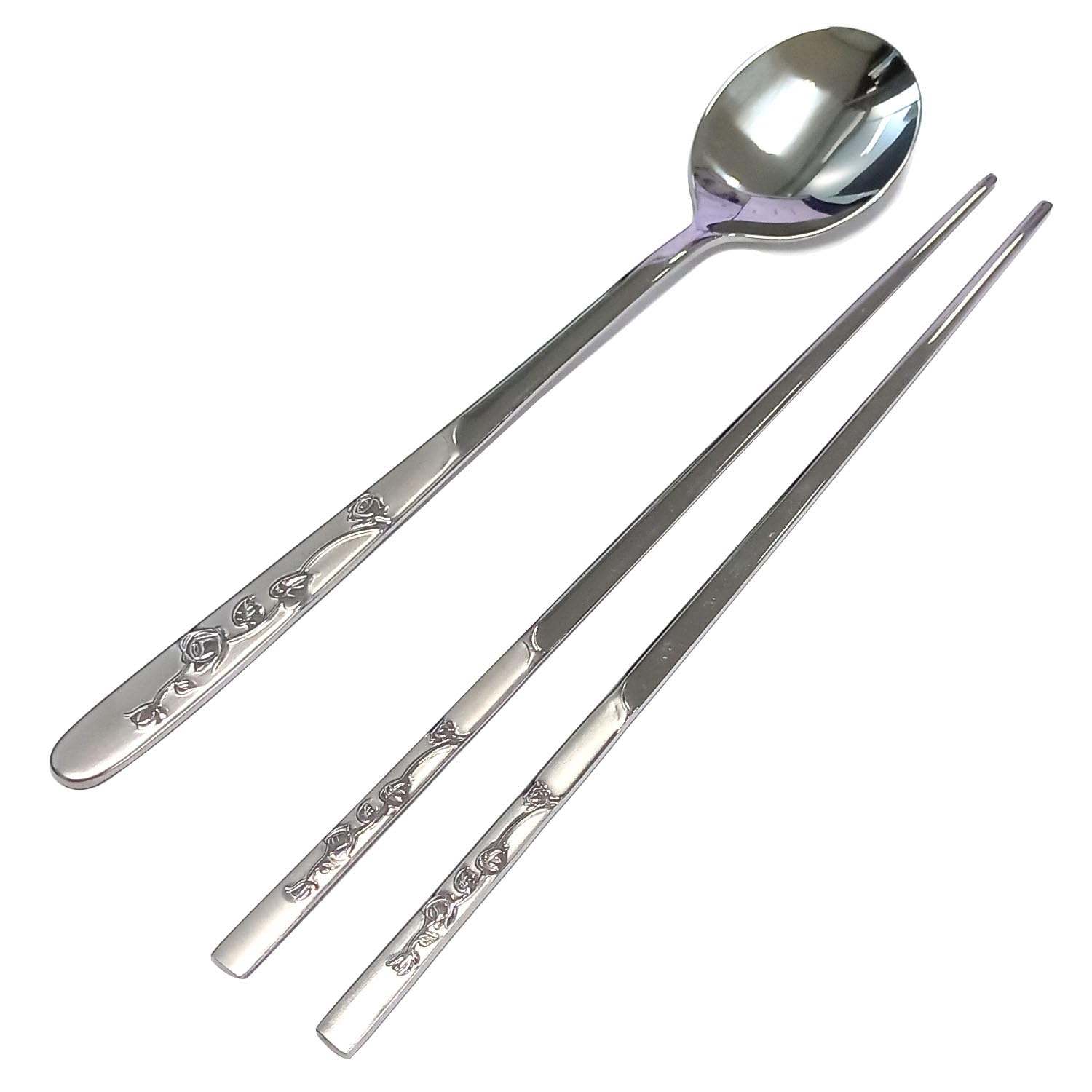 SUPIA Korean Traditional Stainless Steel Cutlery Set - Reusable Long Handle Spoons & Chopsticks for Dining, Gift, or Home Decor (Silver Rose)