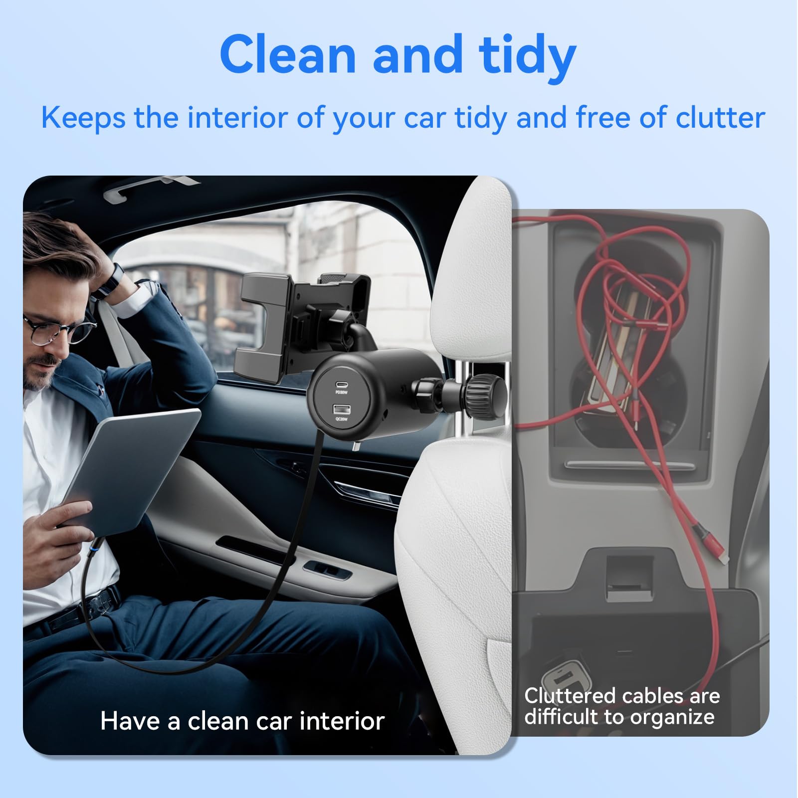 OHLPRO 6-in-1 Retractable Backseat Car Charger Station with Headrest Phone Mount - Dual USB-C PD/QC 40W Fast Charging for iPhone, Android - Perfect for Taxi, Uber, Rideshare & Family Road Trips