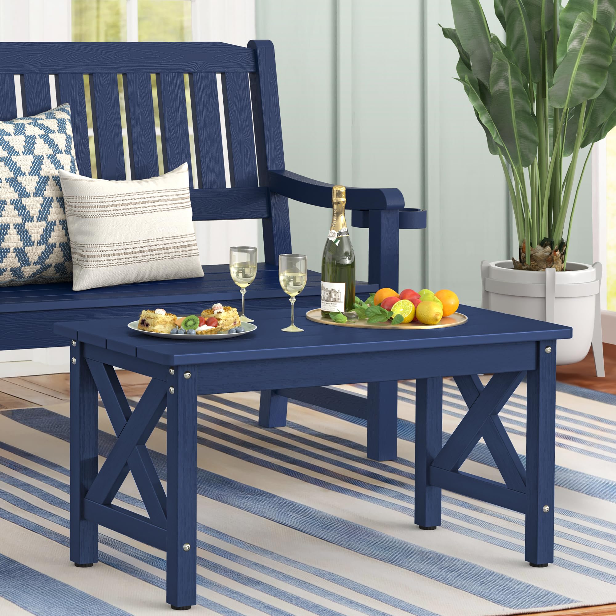 LUE BONA All-Weather Rectangle Outdoor Coffee Table for Patio, Deck, Porch & Lawn - Navy Blue | Durable HDPS Material | Perfect for Backyard Relaxation, Poolside Lounging & Outdoor Entertaining