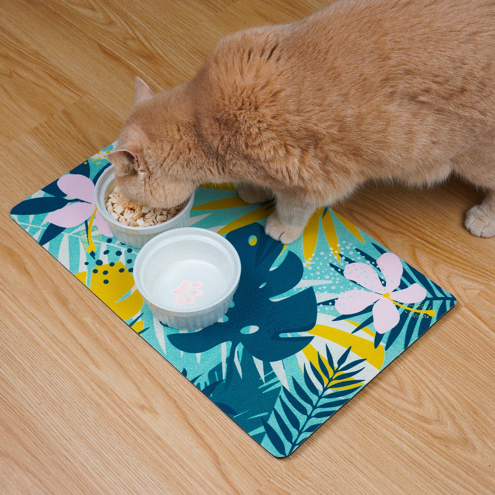 Quick Absorbent Pet Food Mat for Cats and Dogs - Non-Slip Waterproof Feeding Mat, Easy to Clean & Stain Resistant - 12x19 Inches Green Leaf Design - Perfect for Indoor Use Under Food Bowls