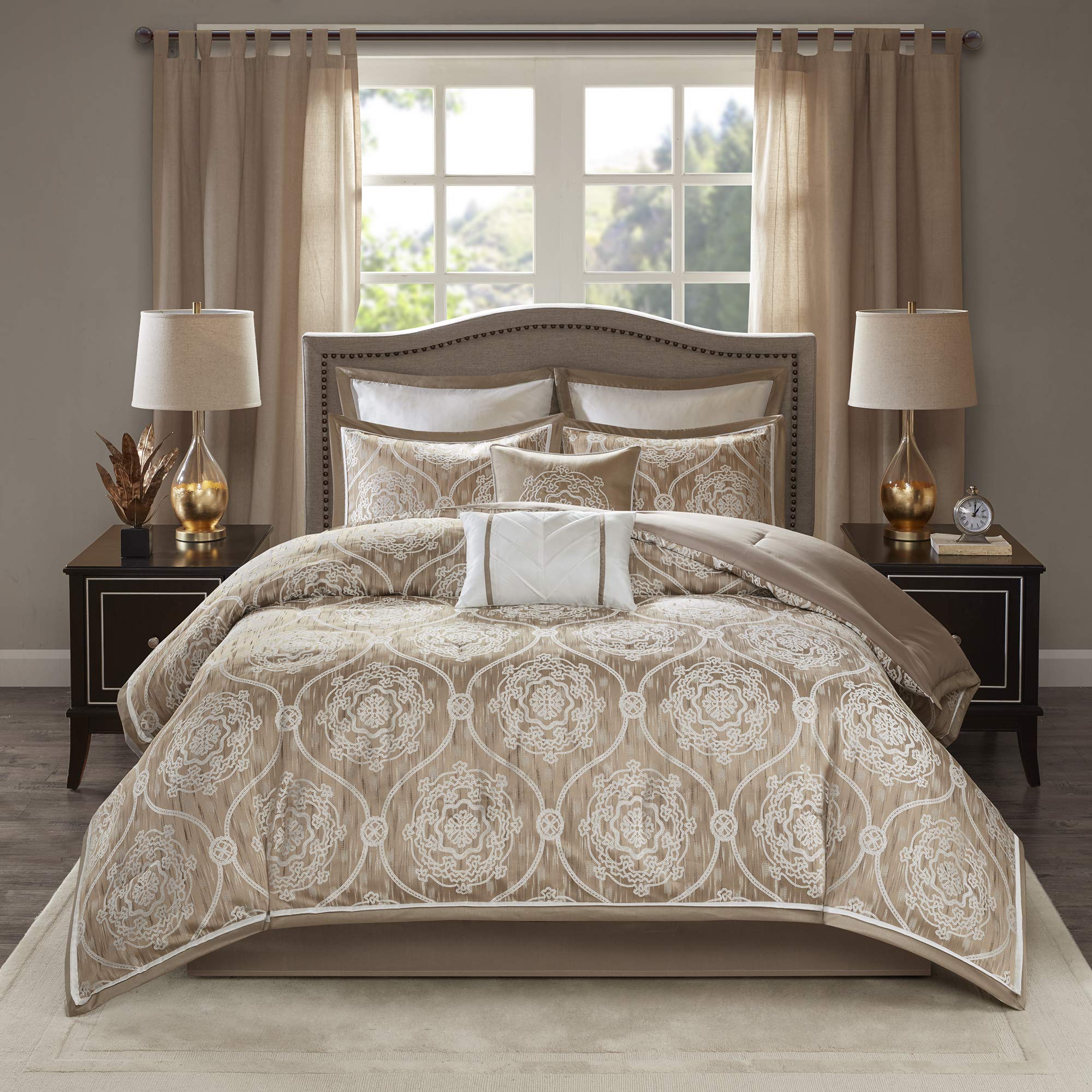 Madison Park Dora 8-Piece Jacquard Comforter Set - Queen Size Luxury Bedding in Taupe with Medallion Design for Master Bedroom & Guest Room Decor
