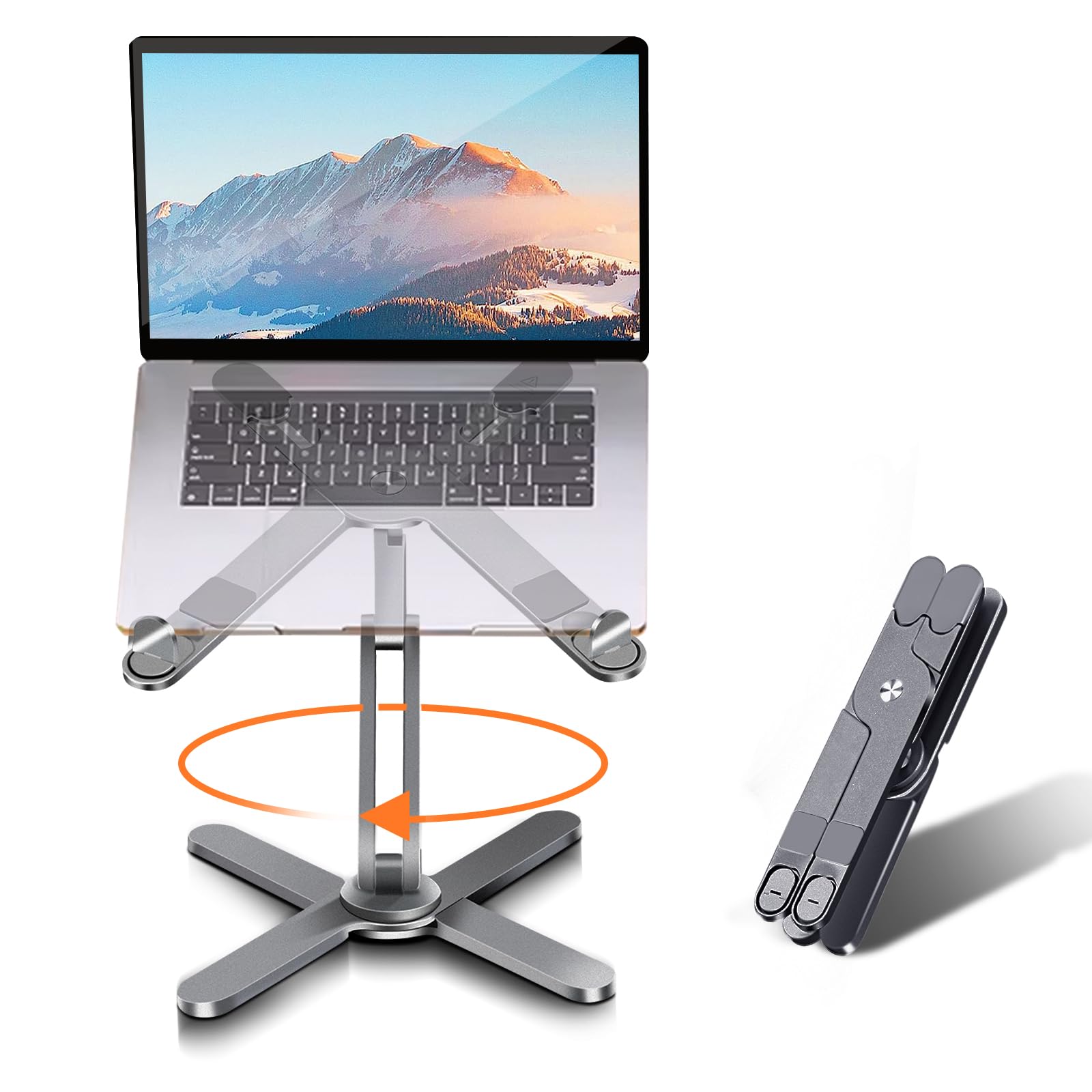 360° Rotating Laptop Stand with Foldable Metal Base, Ergonomic Notebook Riser for MacBook & Laptops up to 16 inches, Grey - Perfect for Desk Work, Collaborative Meetings & Home Office