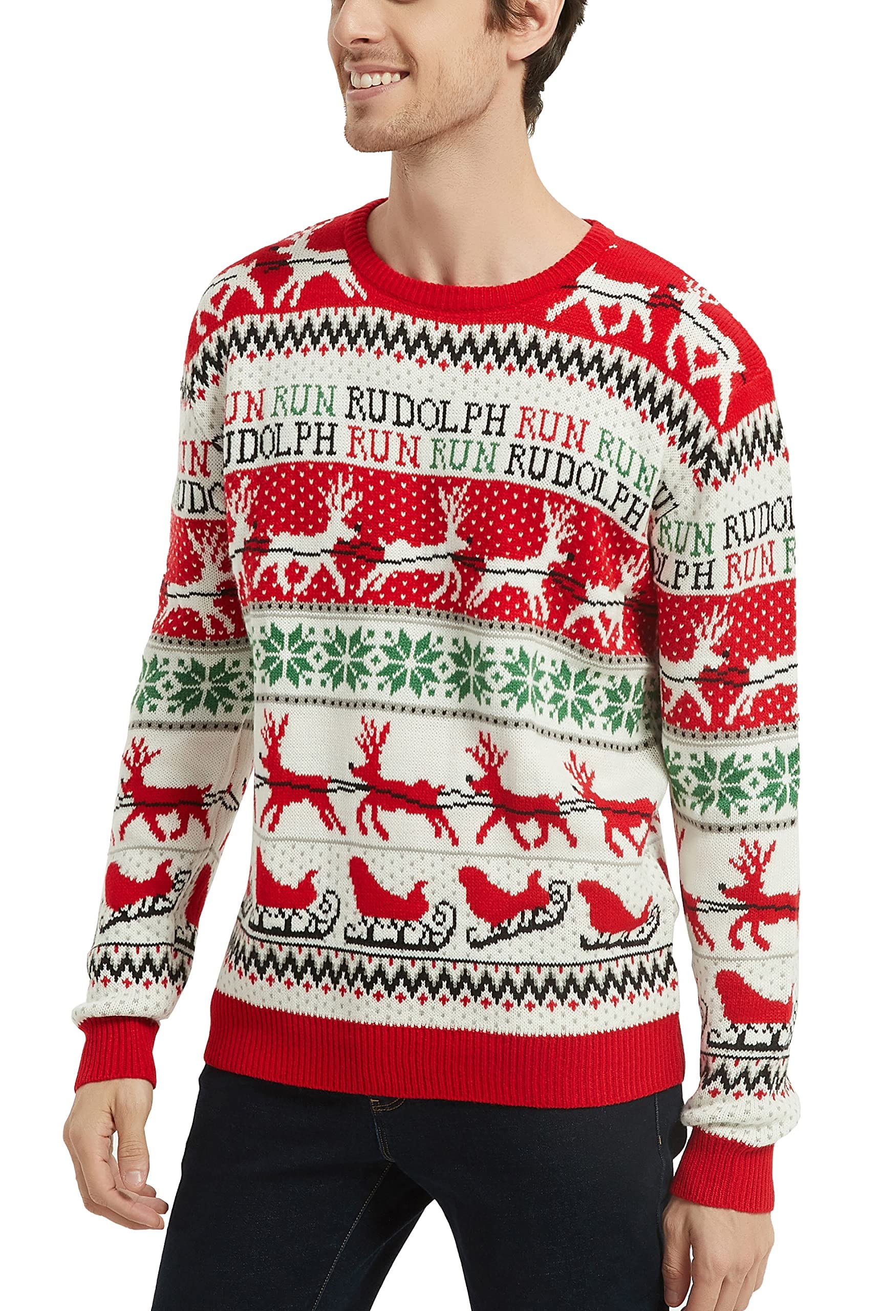 Men's Christmas Rudolph Reindeer Holiday Sweater - Festive Knitted Cardigan Pullover for Ugly Christmas Party & Family Gathering