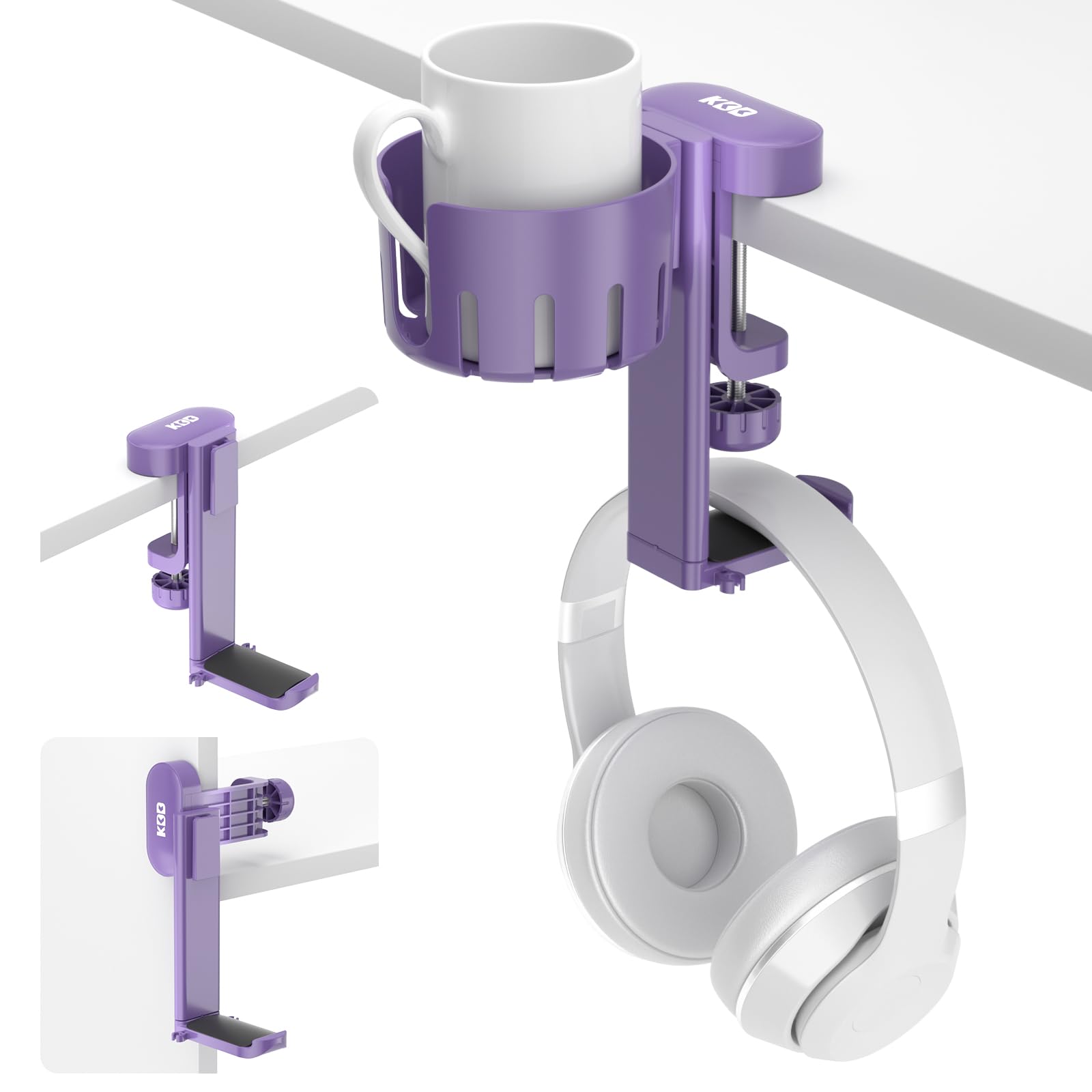 2 in 1 Rotatable Under Desk Headphone Hanger & Cup Holder - Space Saving Desk Clamp Mount for Headset and Coffee/Water Mugs - Perfect for Gaming, Office & Home Workspace (Purple)