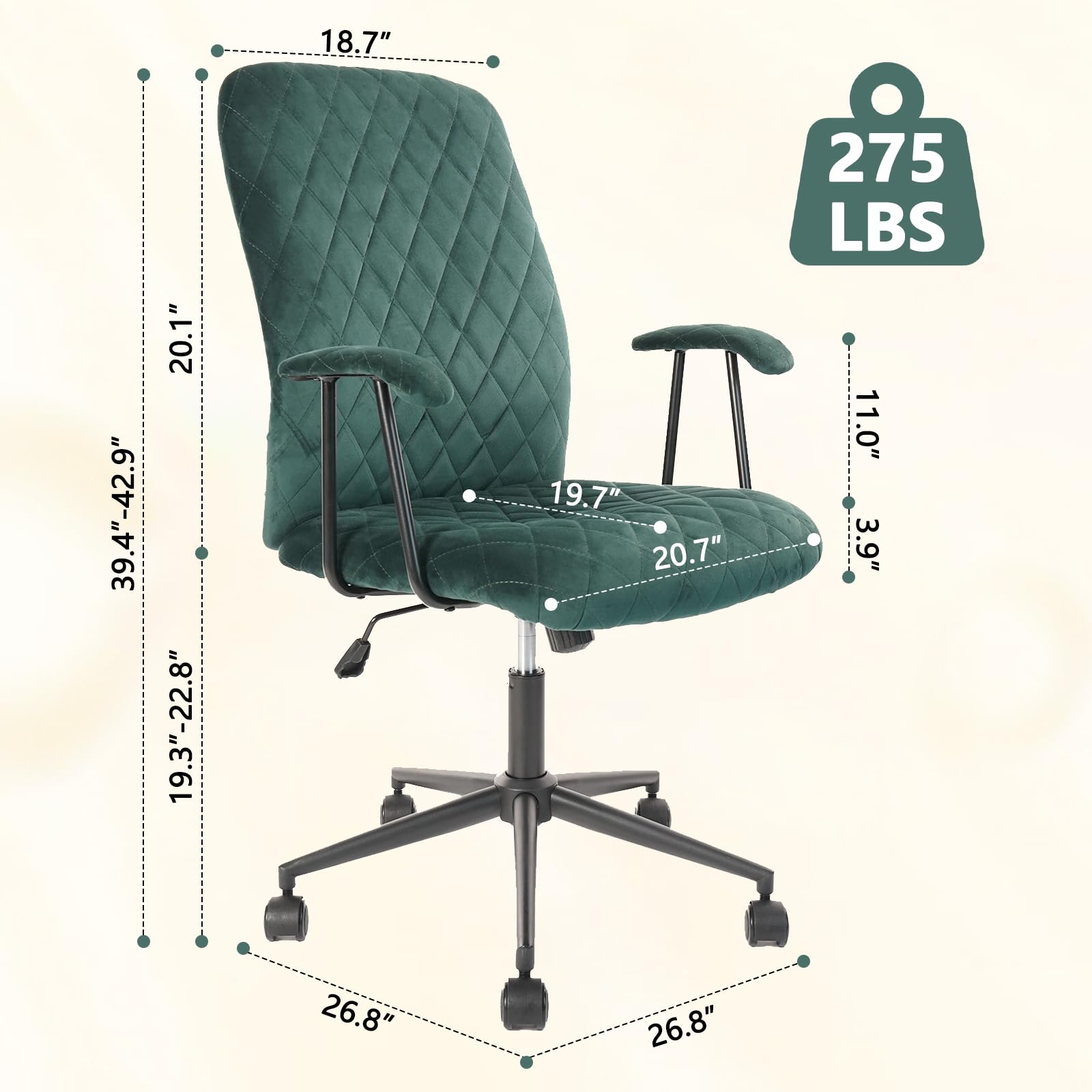 Dark Green Vintage Upholstered Office Chair - Adjustable Swivel Armchair with Lumbar Support & Wheels, Mid-Back Velvet Task Chair (2-Pack) - Perfect for Home Office, Study Room & Gaming Setup