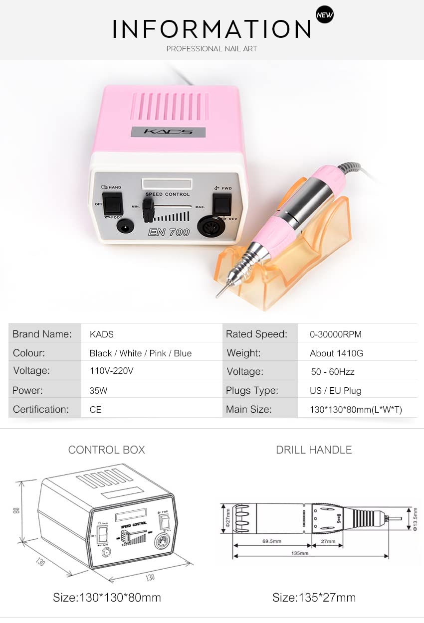 **KADS 30000RPM Pink Electric Nail Drill Machine - Professional Manicure & Pedicure Tool Kit for Acrylic Nails, Gel Polish, and Nail Art, Compatible with 3/32