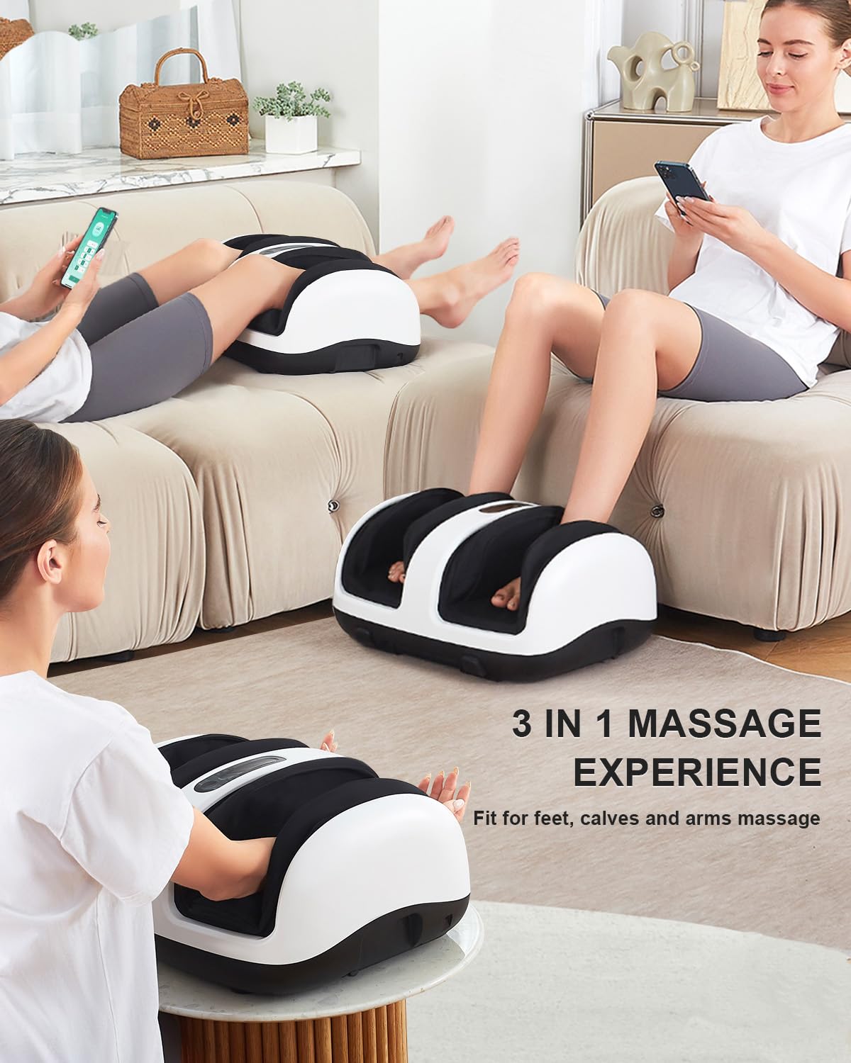 Nekteck Shiatsu Foot Massager with Heat - Electric Deep Kneading & Vibration for Feet, Calf, Arm Pain Relief - Smart APP Control for Muscle Relaxation & Circulation - Perfect for Home, Office Use and Post-Workout Recovery (White)