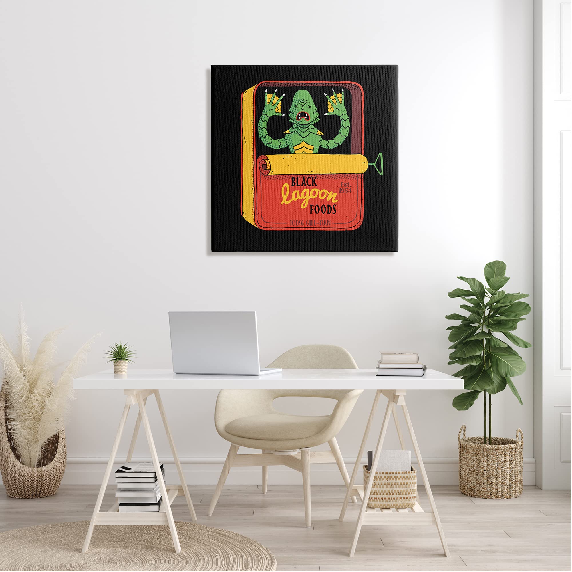 Stupell Industries Black Lagoon Creature Novelty Tuna Can Art Print by Michael Buxton - Unique Home Decor for Kitchen, Bathroom & Office