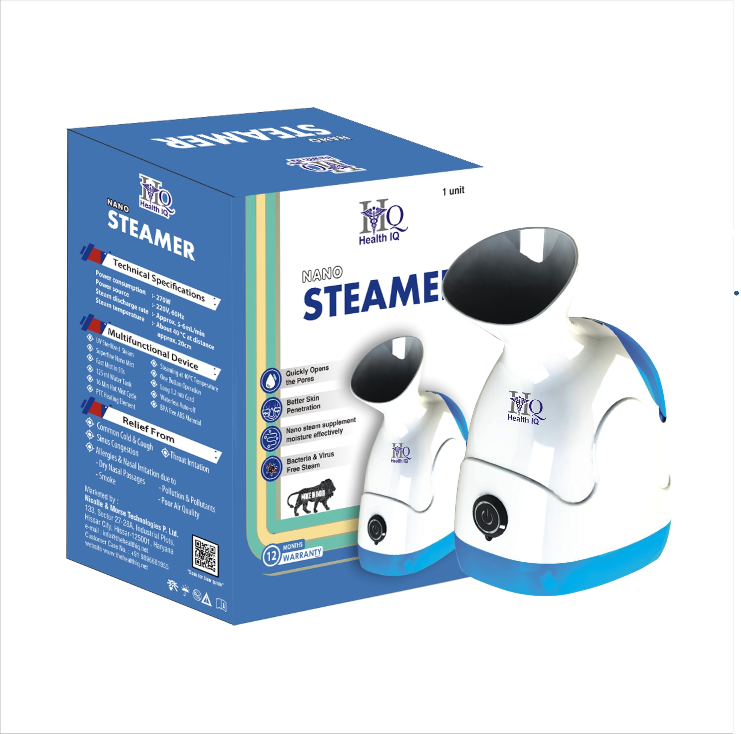 Health IQ Nano Steamer (SIQ 110) - Portable Steam Inhaler for Cold & Cough Relief, Facial Steamer with Nano-Ionic Technology | Personal Vaporizer for Sinus, Dry Skin & Respiratory Care | Home & Travel Use