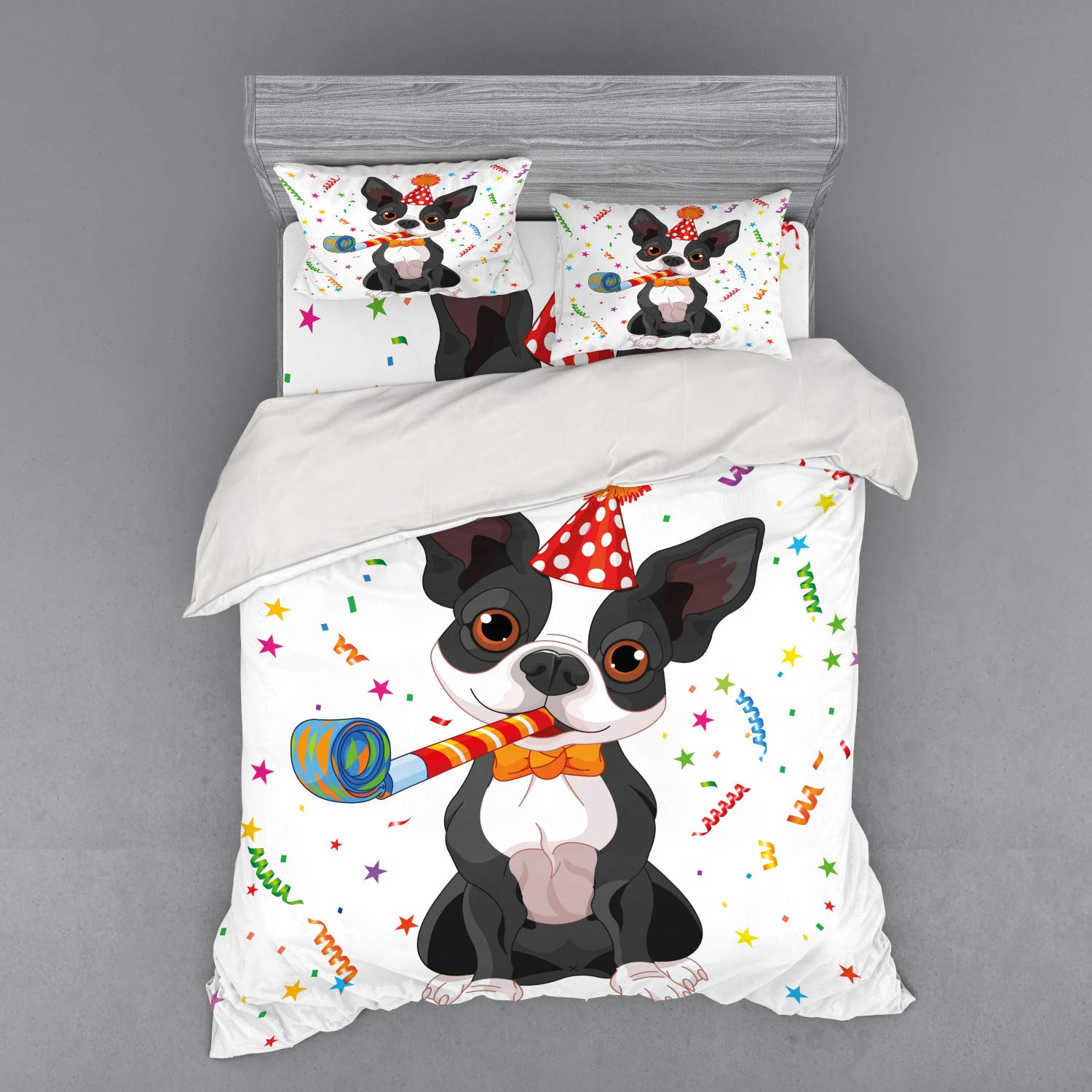 Ambesonne Birthday Bedding Set - Queen Size 4-Piece Duvet Cover with Shams & Fitted Sheet, Black & White Boston Terrier Dog Design with Colorful Party Celebration Backdrop | Perfect for Dog Lovers' Bedroom Decor, Birthday Gift & Themed Party Setup