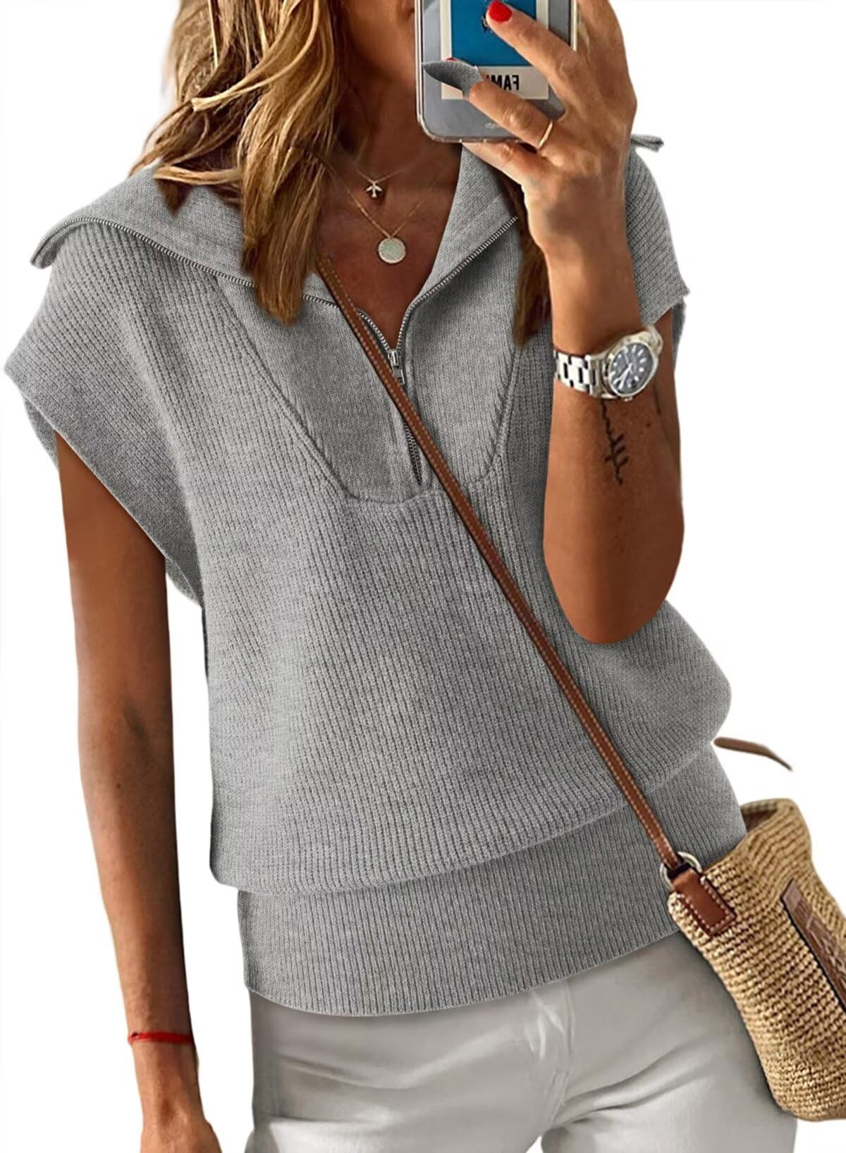 Dokotoo Women's Casual Sleeveless Half Zip Pullover Sweater - Solid V-Neck Ribbed Knit Loose Fit Cardigan for Spring & Fall Layering | Office Wear, Weekend Outfits, Travel Essentials