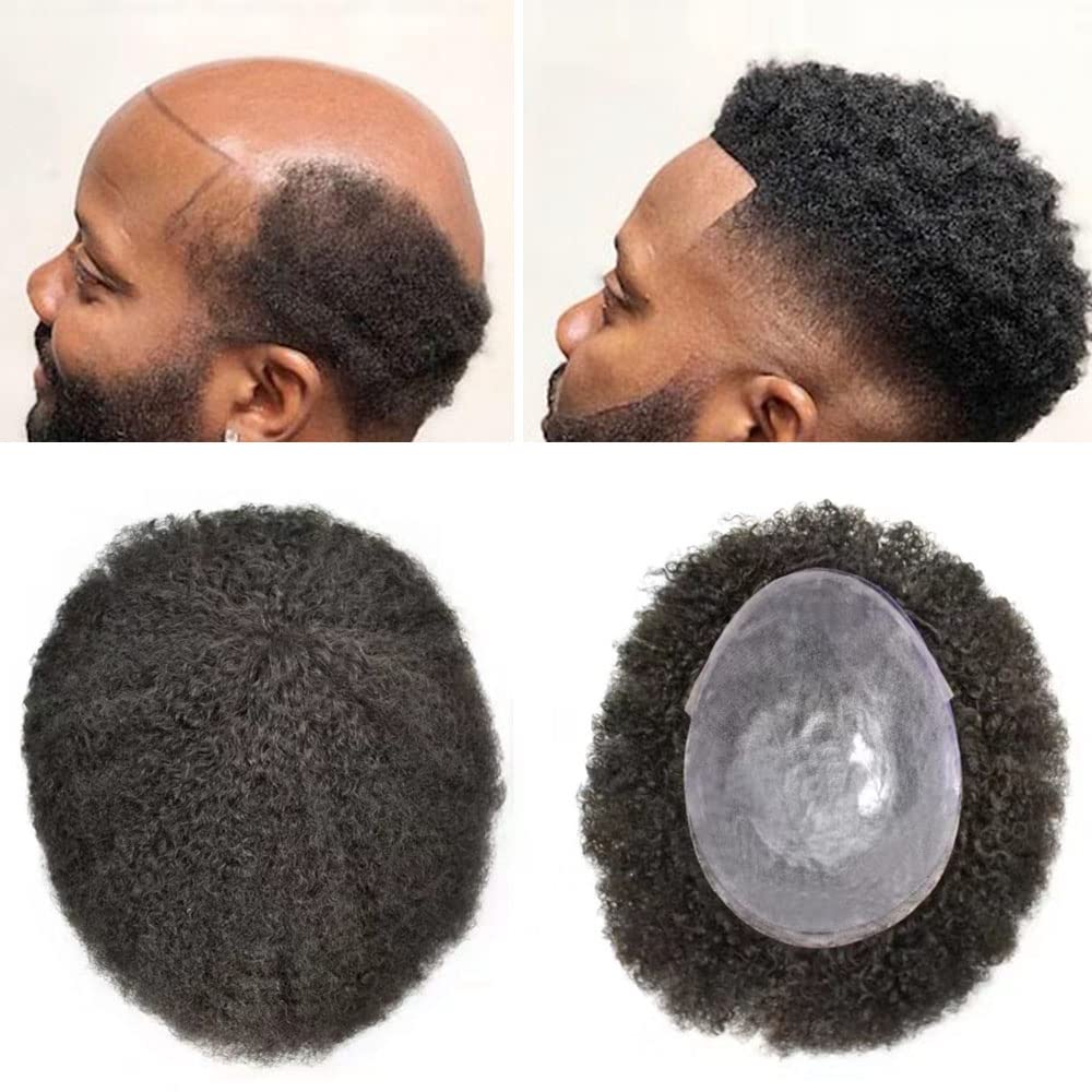 **Afro Curly Toupee for Black Men - 100% Virgin Human Kinky Curly Hair Replacement - 8X10 Inch Thin Skin Hair Unit (Afro Wavy 6mm, #1B Off Black/Natural Black) - 120% Medium Light to Medium Density - Perfect for Daily Wear, Cosplay & Special Events**