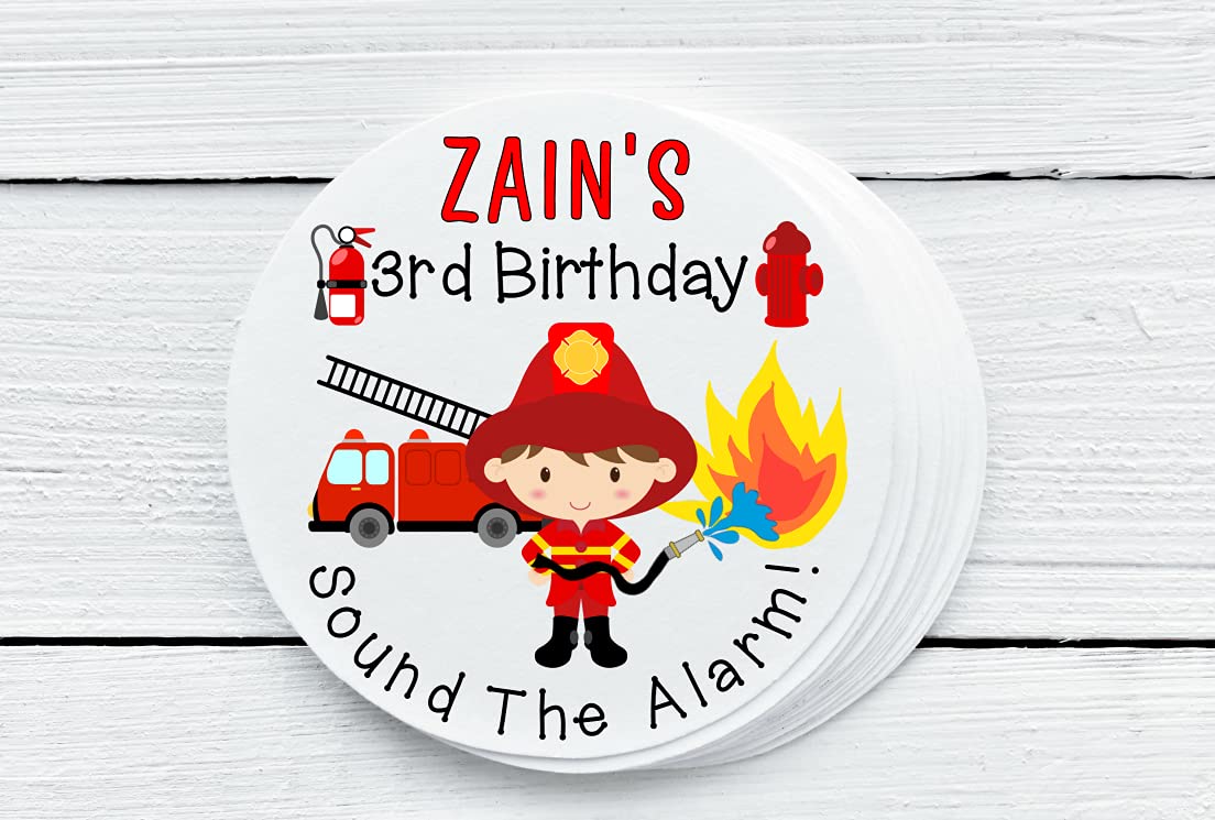 Personalized Firefighter Birthday Party Favor Stickers - 1.5