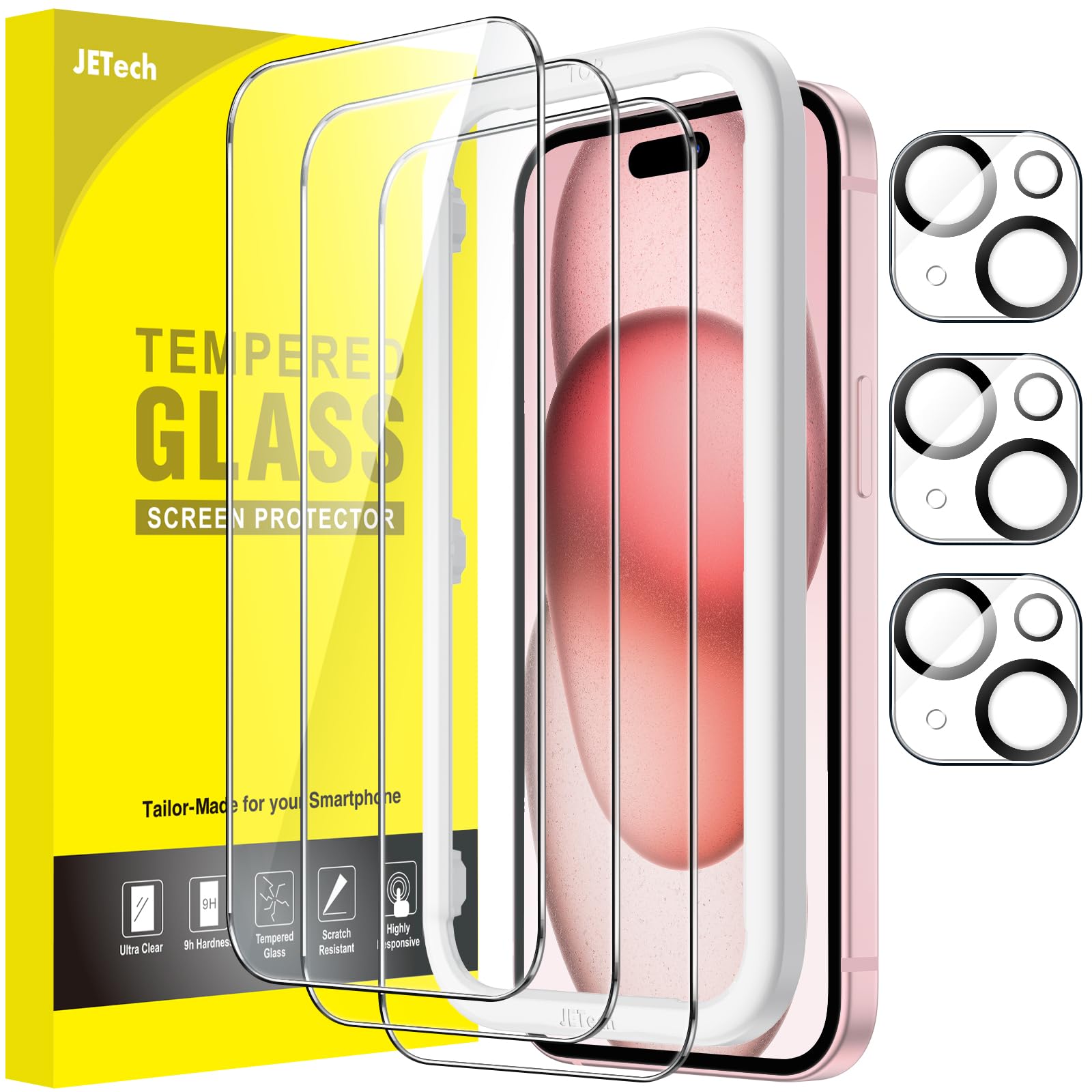 JETech Tempered Glass Screen Protector for iPhone 15 6.1-Inch with Camera Lens Protector - 3 Pack, HD Clear, Bubble-Free, Easy Installation Tool - Perfect for Everyday Use, Travel & Work Protection