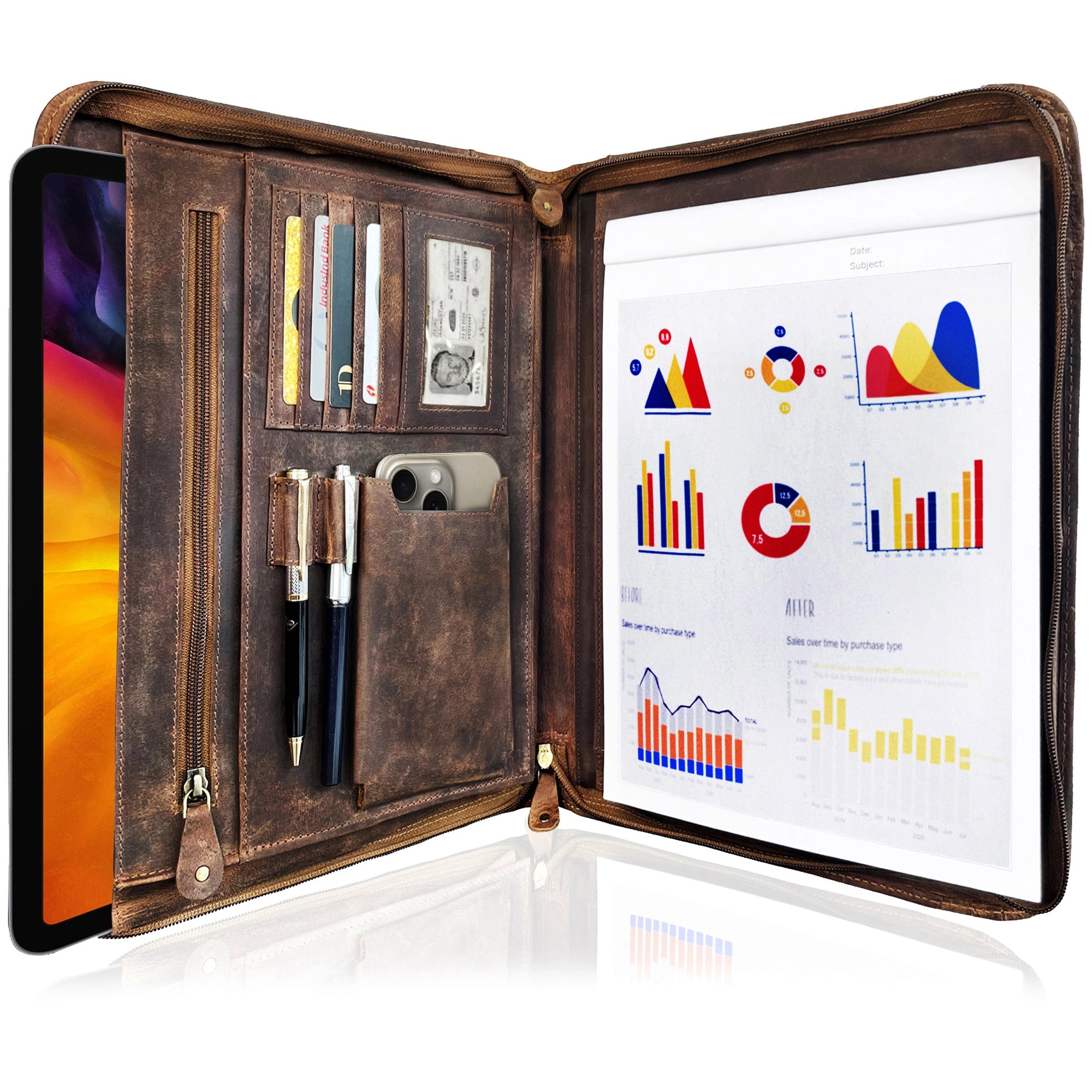 Premium Brown Leather Business Padfolio - Professional Portfolio Organizer for Meetings, Presentations & Office Use