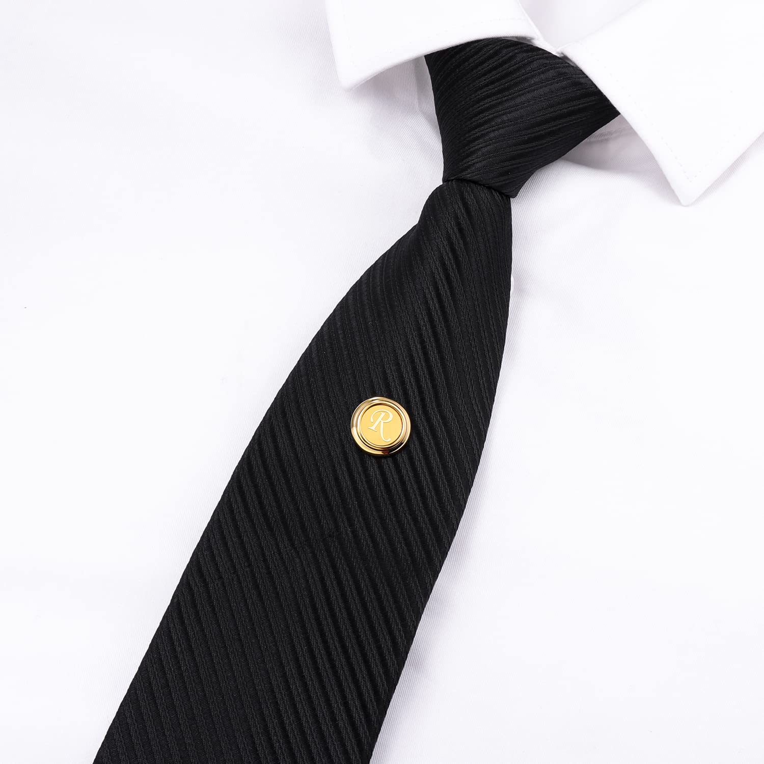 HAWSON Gold Tie Tacks for Men with Chain - Round Tie Pins for Wedding, Business & Formal Occasions - Personalized Initials A-Z - Perfect Tie Clip Gift for Birthday & Anniversary