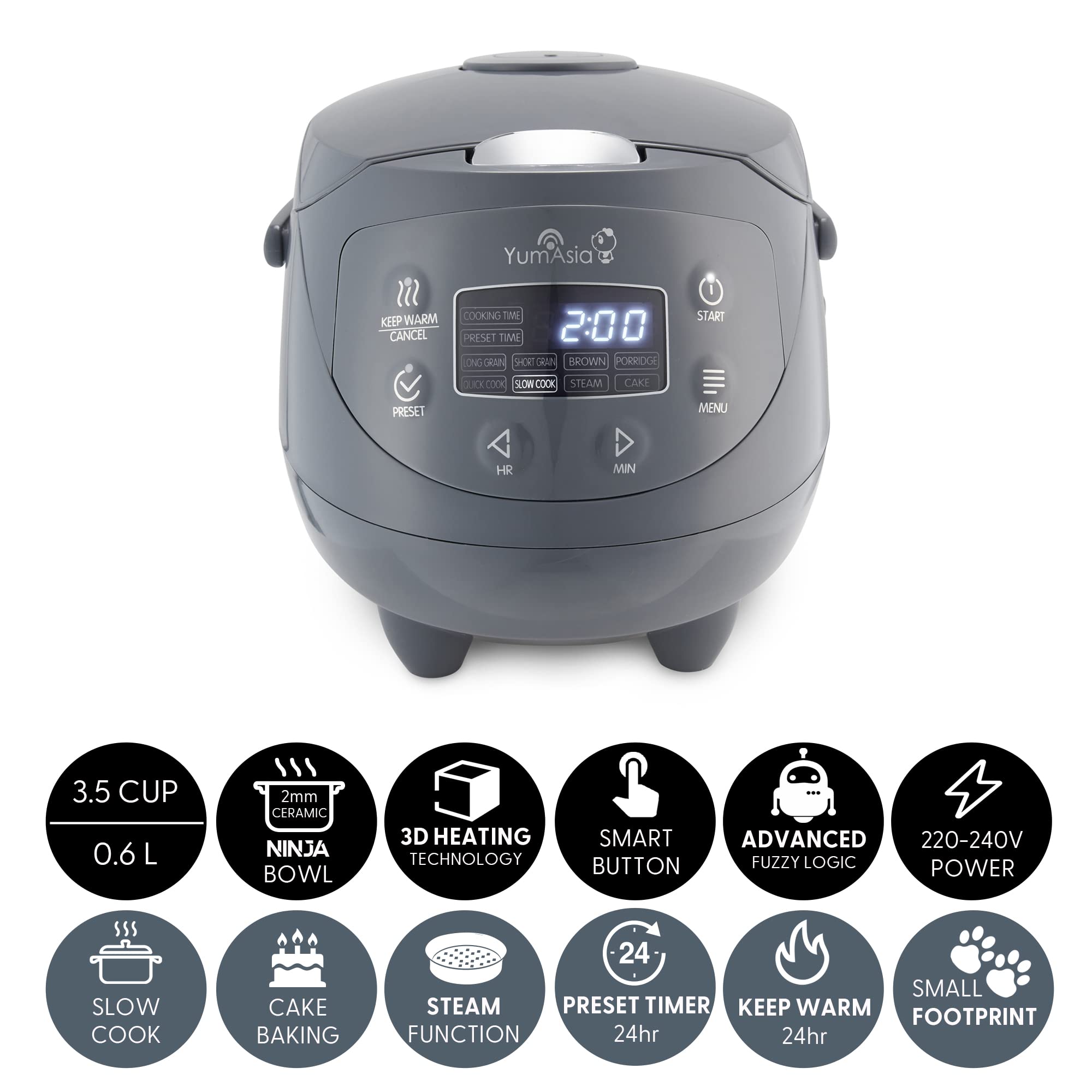 Yum Asia Panda Mini Rice Cooker with Ceramic Bowl - 3.5 Cup (0.63L) Fuzzy Logic Rice Cooker | 4 Cooking Modes + 4 Multicooker Functions | LED Display | 220-240V | Perfect for Dorms, Small Kitchens & Travel (Cobalt Grey)