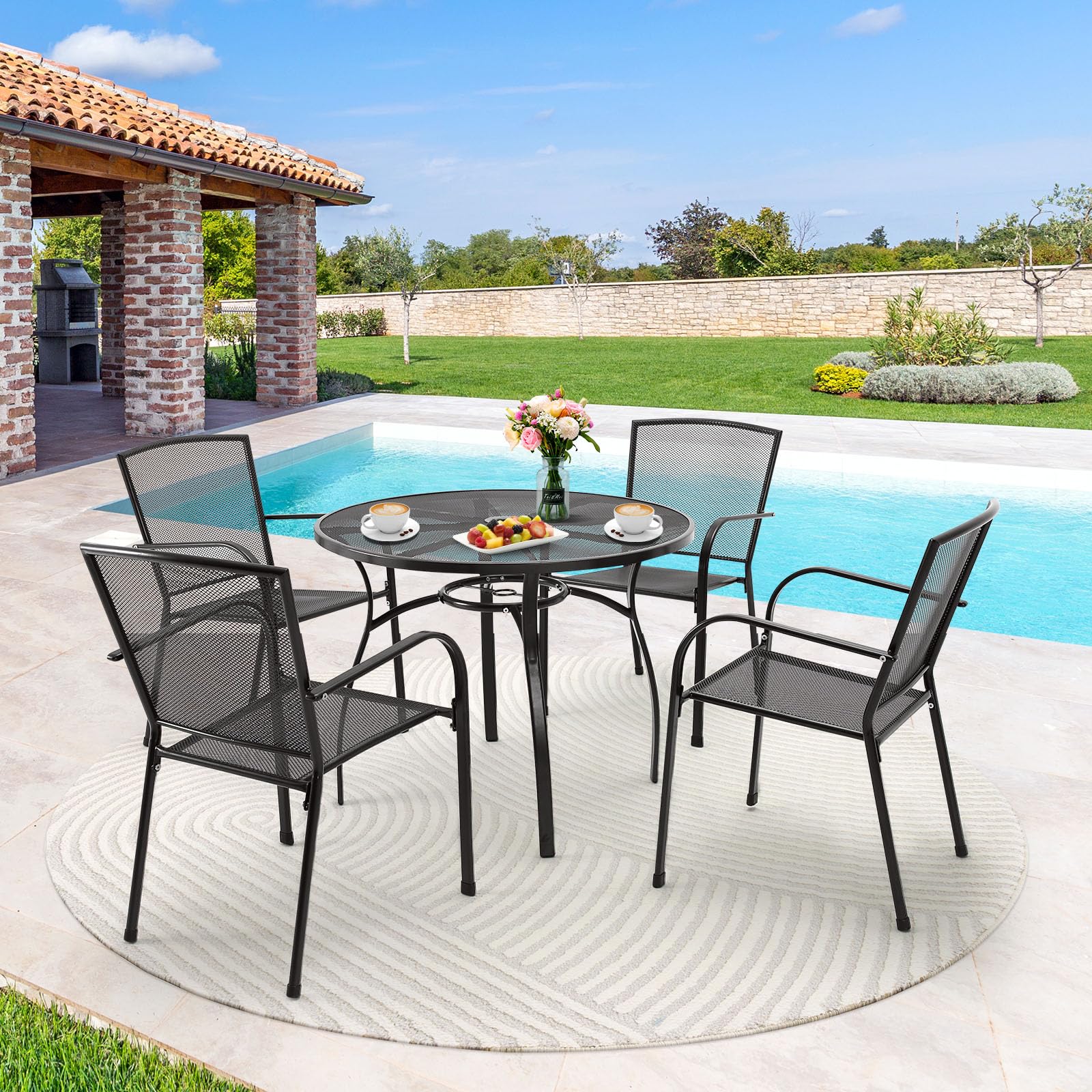 U-MAX 5-Piece Metal Outdoor Dining Set - Round Patio Table with Umbrella Hole & 4 Stackable Chairs for Garden, Deck, Bistro - Perfect for Backyard BBQs, Poolside Gatherings & Outdoor Entertaining