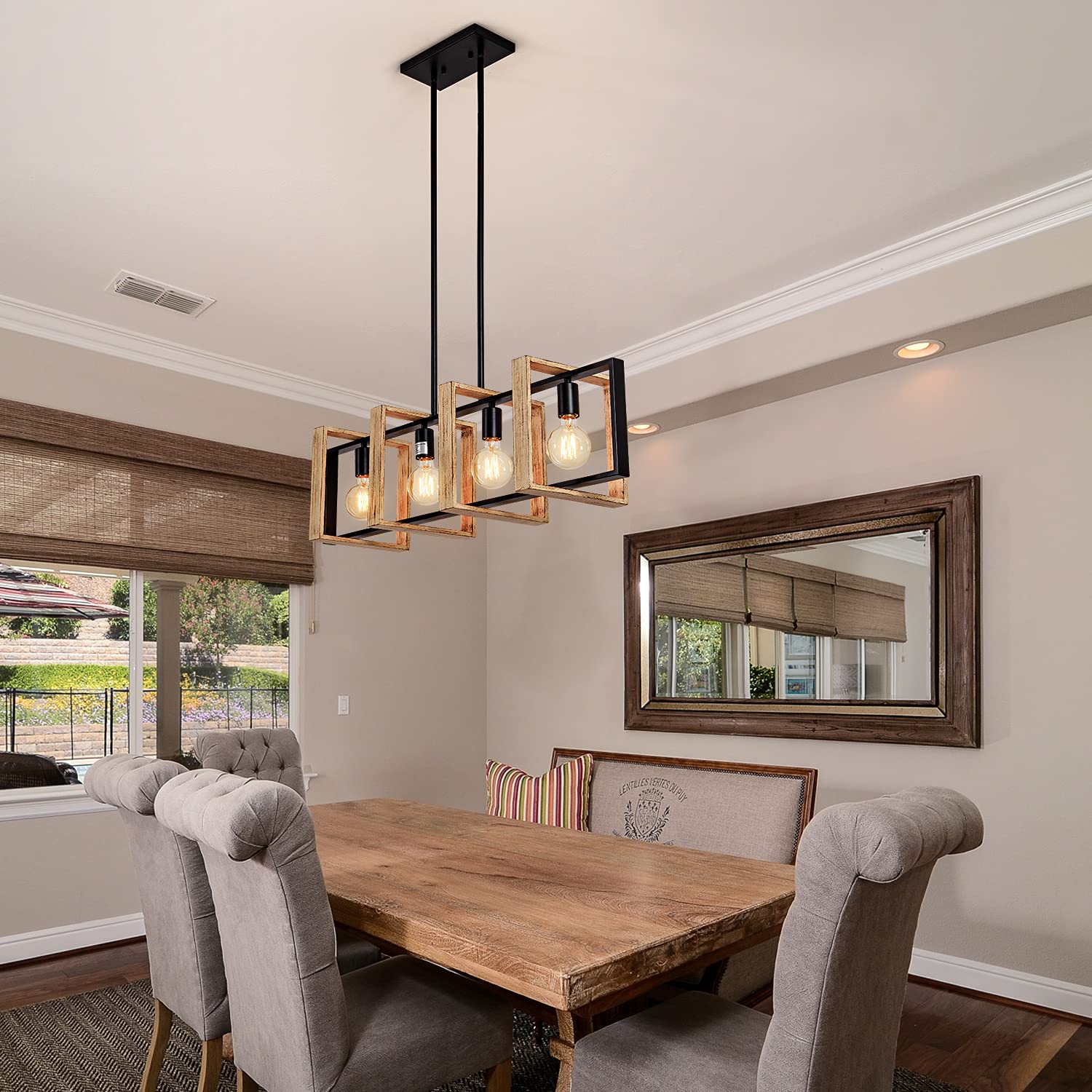 4-Light White Wood Pendant Lighting for Kitchen Island & Dining Room - Farmhouse Chandelier with Rustic Black Finish, E26 Bulb Compatible - Perfect for Kitchen Counter, Breakfast Nook & Farmhouse Dining Table Lighting