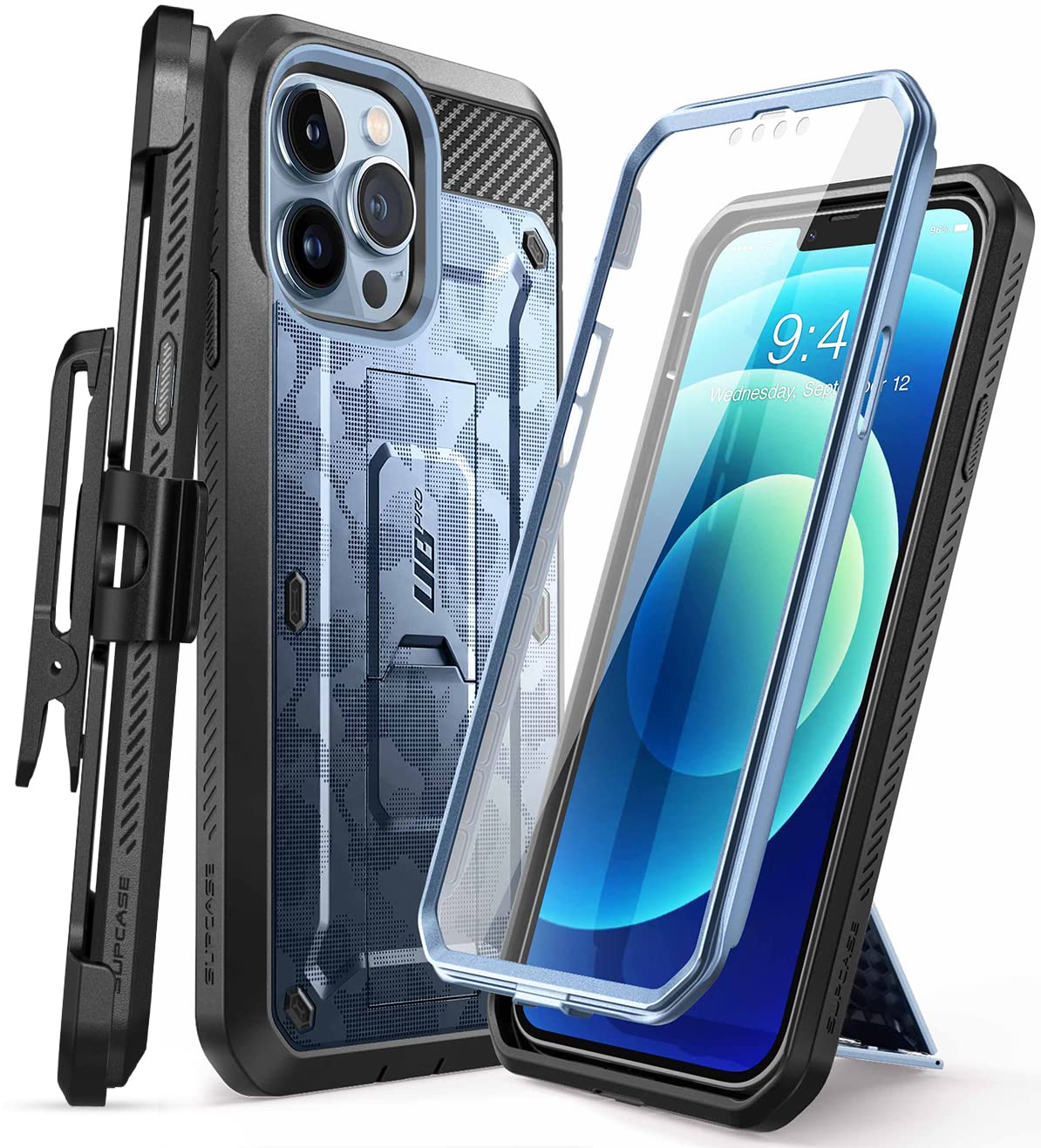 SUPCASE Unicorn Beetle Pro Heavy Duty Rugged Phone Case for iPhone 13 Pro Max with Built-in Screen Protector, Kickstand & Belt Clip - Camo Navy | Shockproof Full-Body Protection for Outdoor, Work & Daily Use