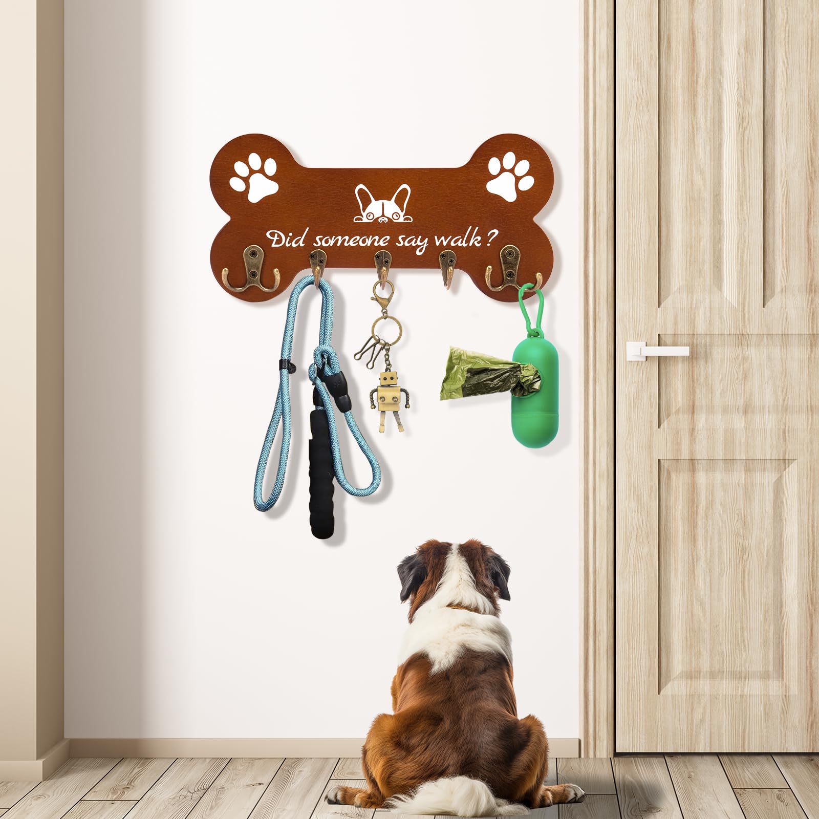 Wall Mounted Bone Shaped Dog Leash Holder - 5 Hook Coat Rack for Entryway, Door & Bedroom Organization - Durable Dog Accessories for Pet Lovers (11.8